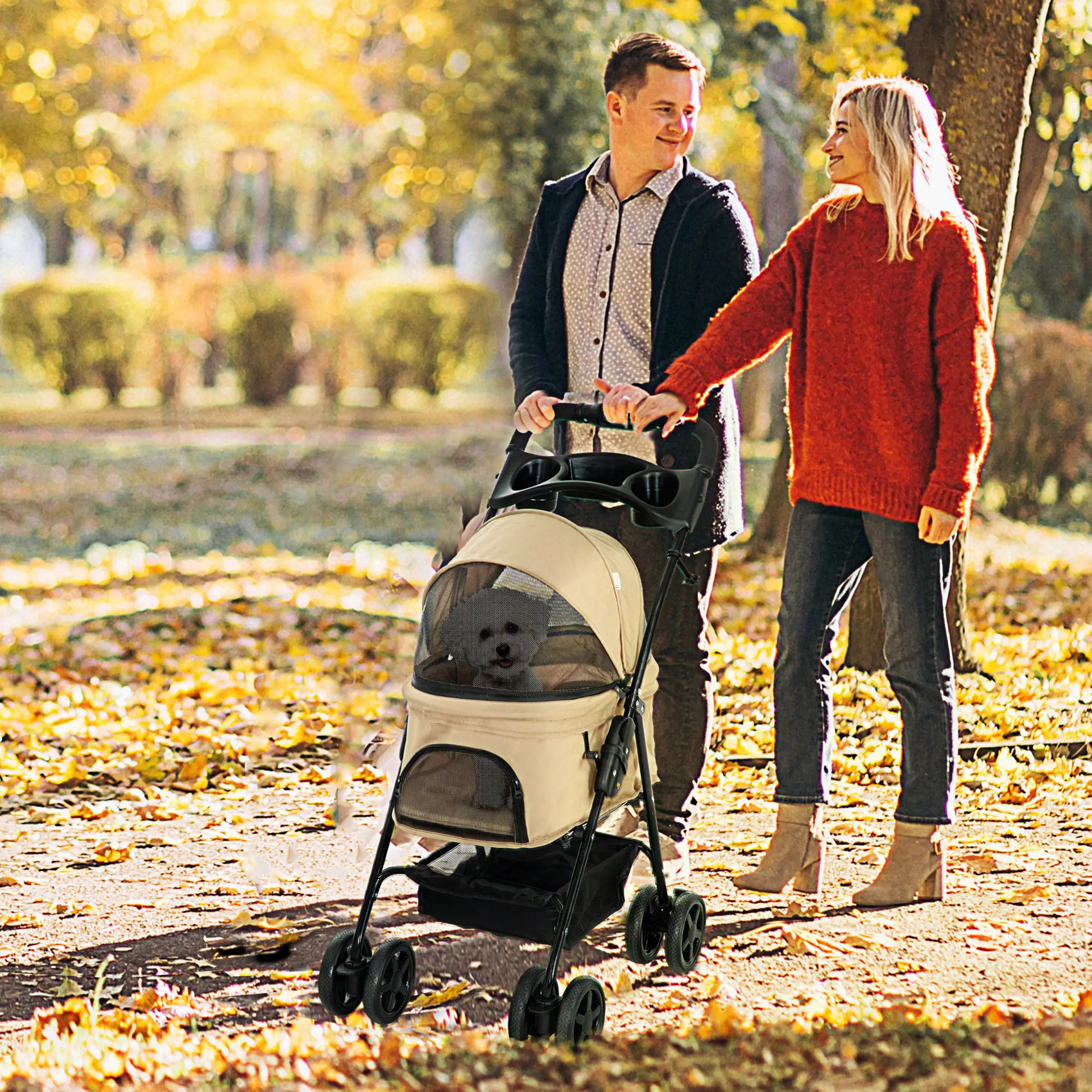 Opvouwbare hondenbuggy kaki 67x45x96 cm – met parkeerrem en opbergvak