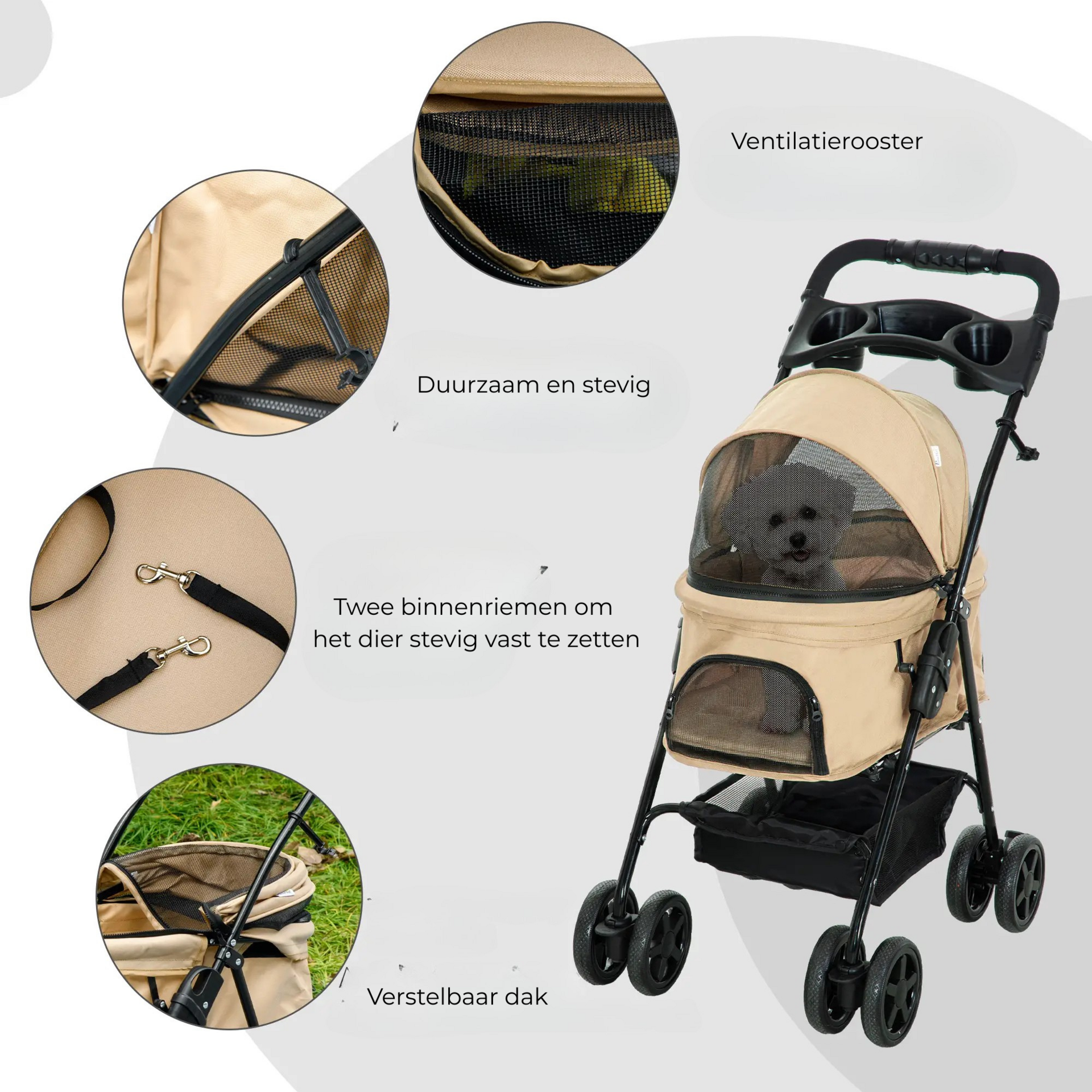 Opvouwbare hondenbuggy kaki 67x45x96 cm – met parkeerrem en opbergvak