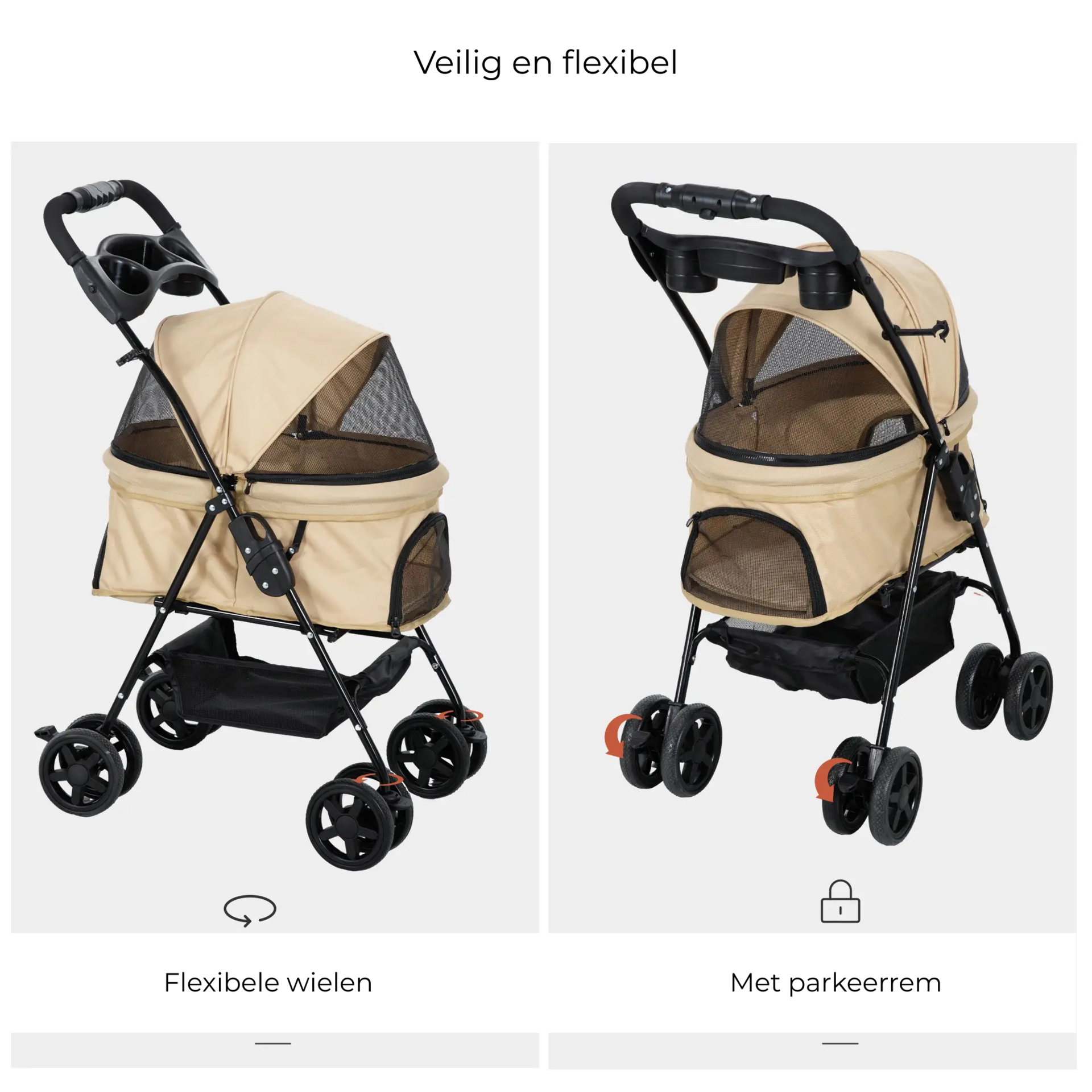 Opvouwbare hondenbuggy kaki 67x45x96 cm – met parkeerrem en opbergvak