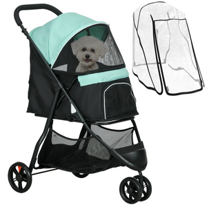 Hondenbuggy 67x45x96 cm – Blauw/groen opvouwbaar met opbergruimte en doorzichtige regenhoes voor comfortabele hondentransport