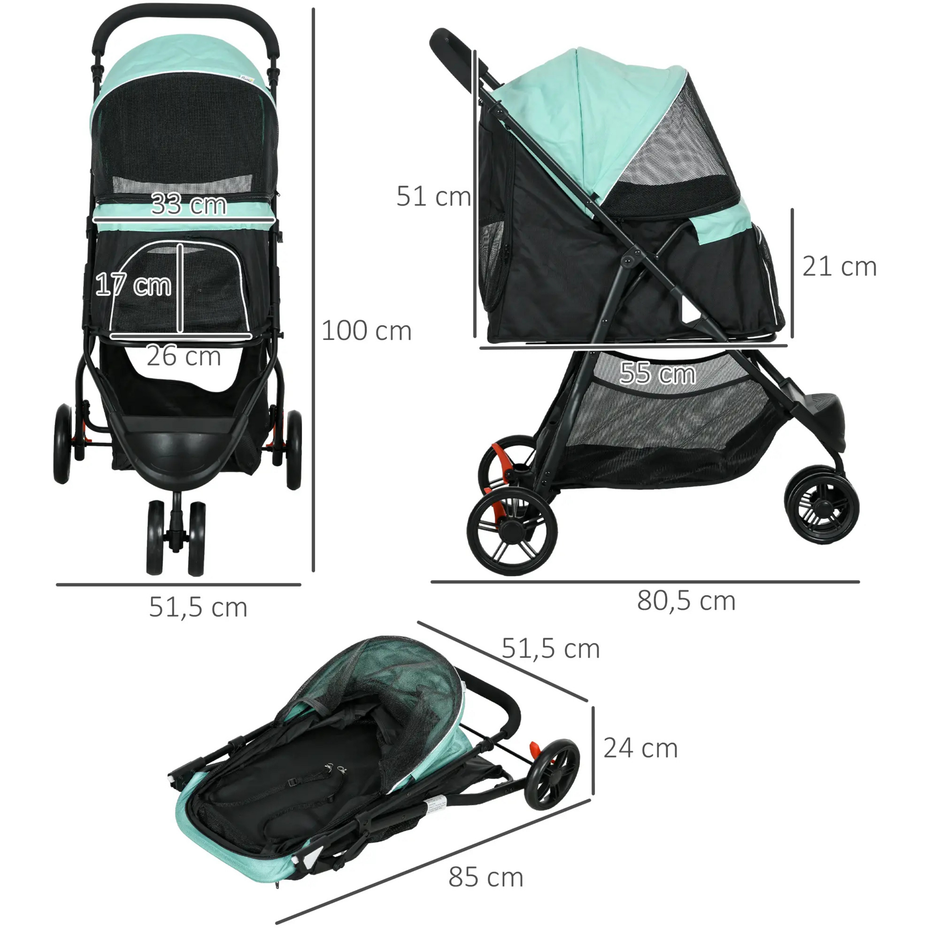 Hondenbuggy 67x45x96 cm – Blauw/groen opvouwbaar met opbergruimte