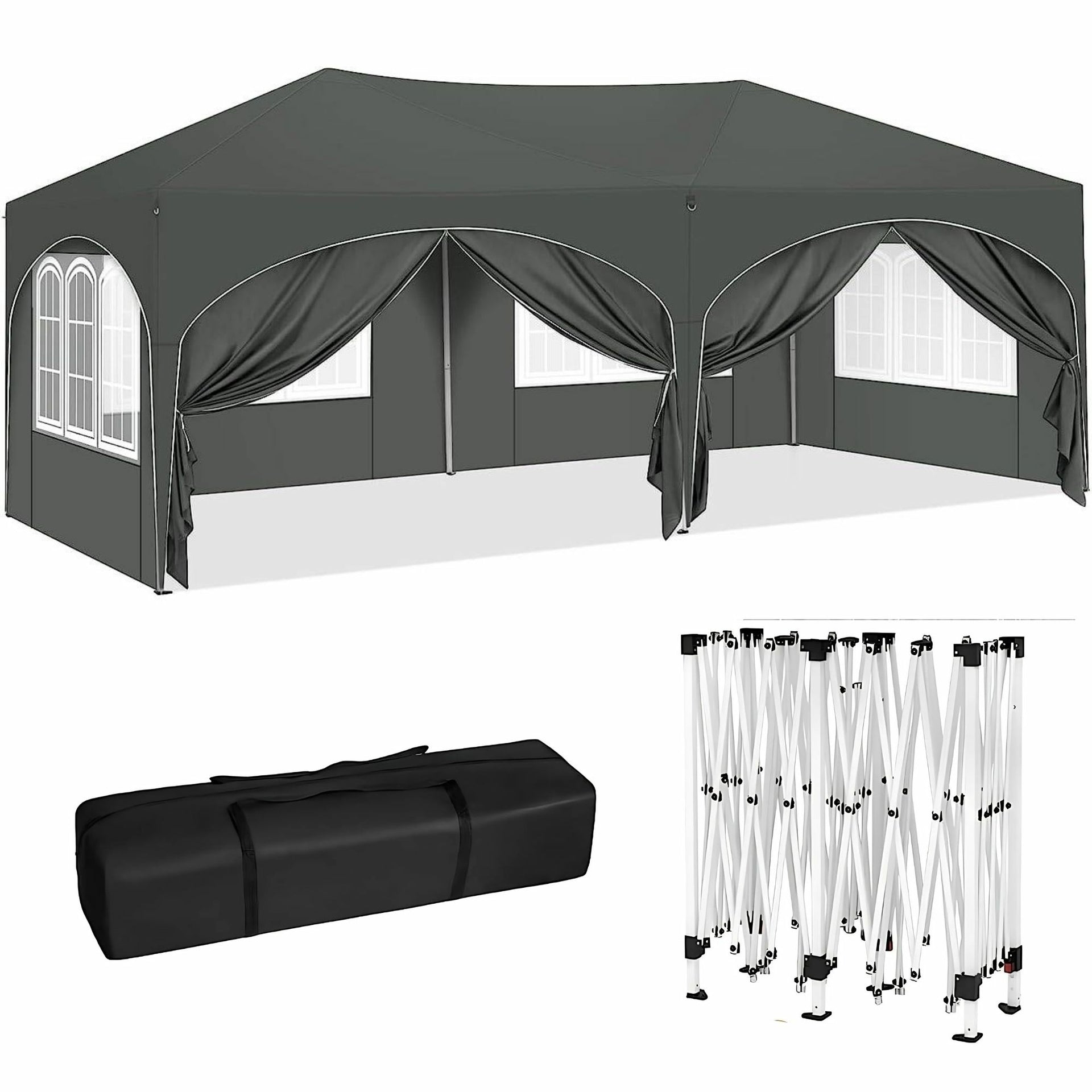 Grijze partytent tuinpaviljoen opvouwbaar 6x3m – waterdicht met zijwanden en frame