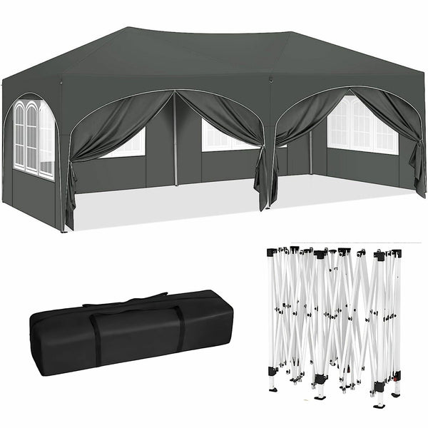 Grijze partytent tuinpaviljoen opvouwbaar 6x3m – waterdicht met zijwanden en frame