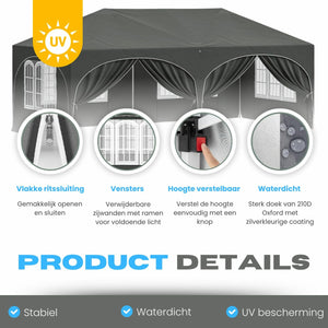 Grijze partytent tuinpaviljoen opvouwbaar 6x3m waterdicht met zijwanden en frame met verstelbare hoogte en ramen