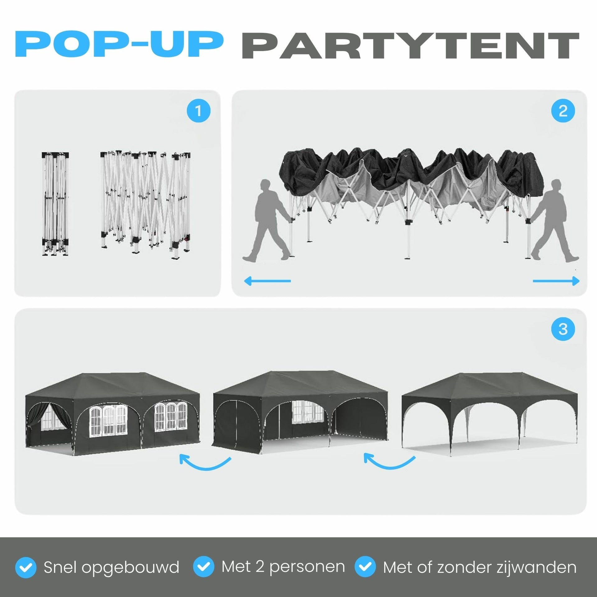 Grijze partytent tuinpaviljoen opvouwbaar 6x3m – waterdicht met zijwanden en frame