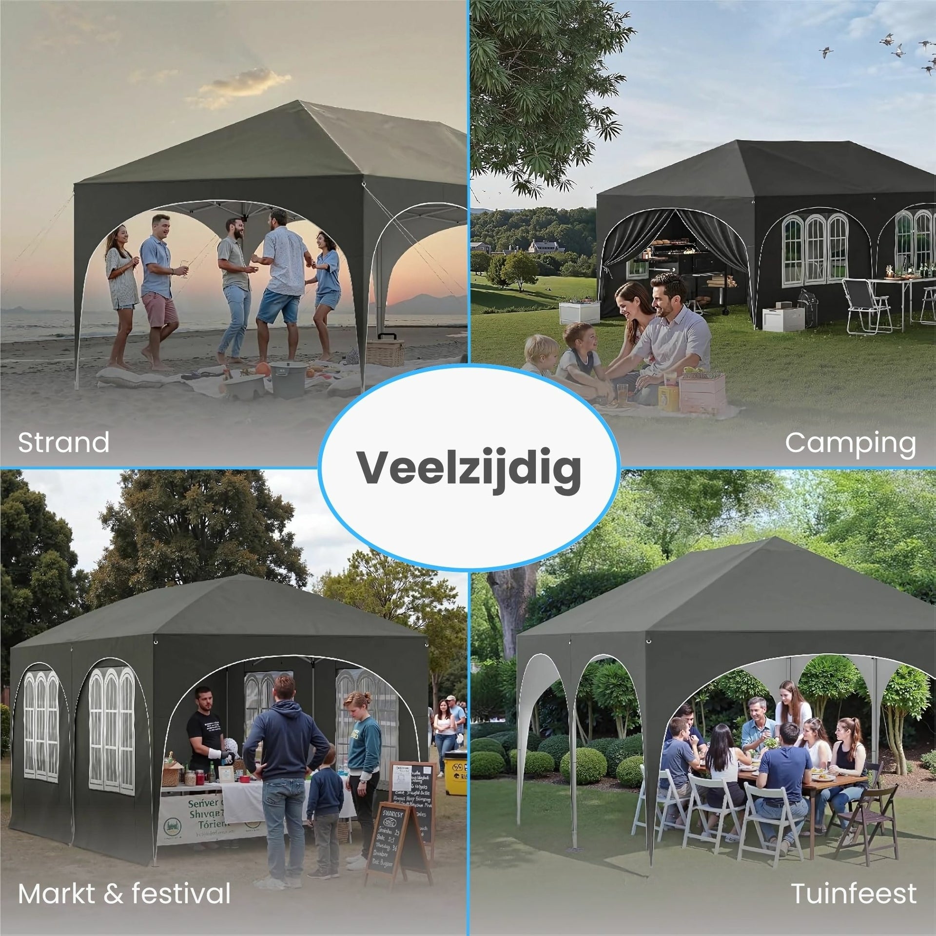 Grijze partytent tuinpaviljoen opvouwbaar 6x3m – waterdicht met zijwanden en frame