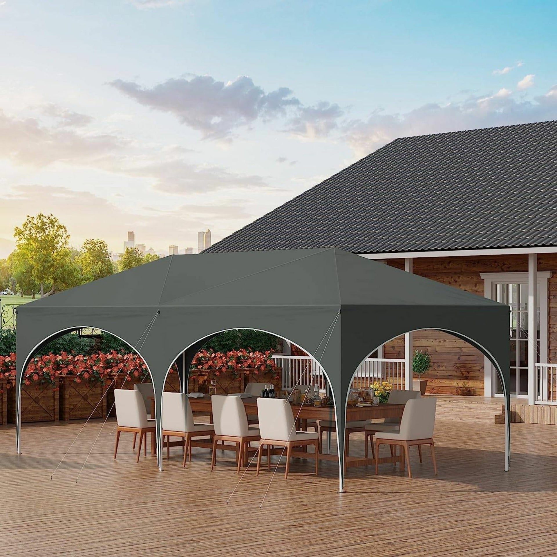 Grijze partytent tuinpaviljoen opvouwbaar 6x3m – waterdicht met zijwanden en frame