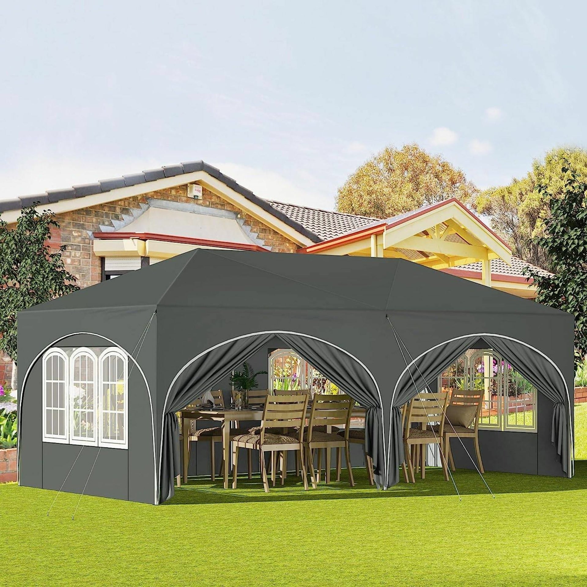 Grijze partytent tuinpaviljoen opvouwbaar 6x3m – waterdicht met zijwanden en frame
