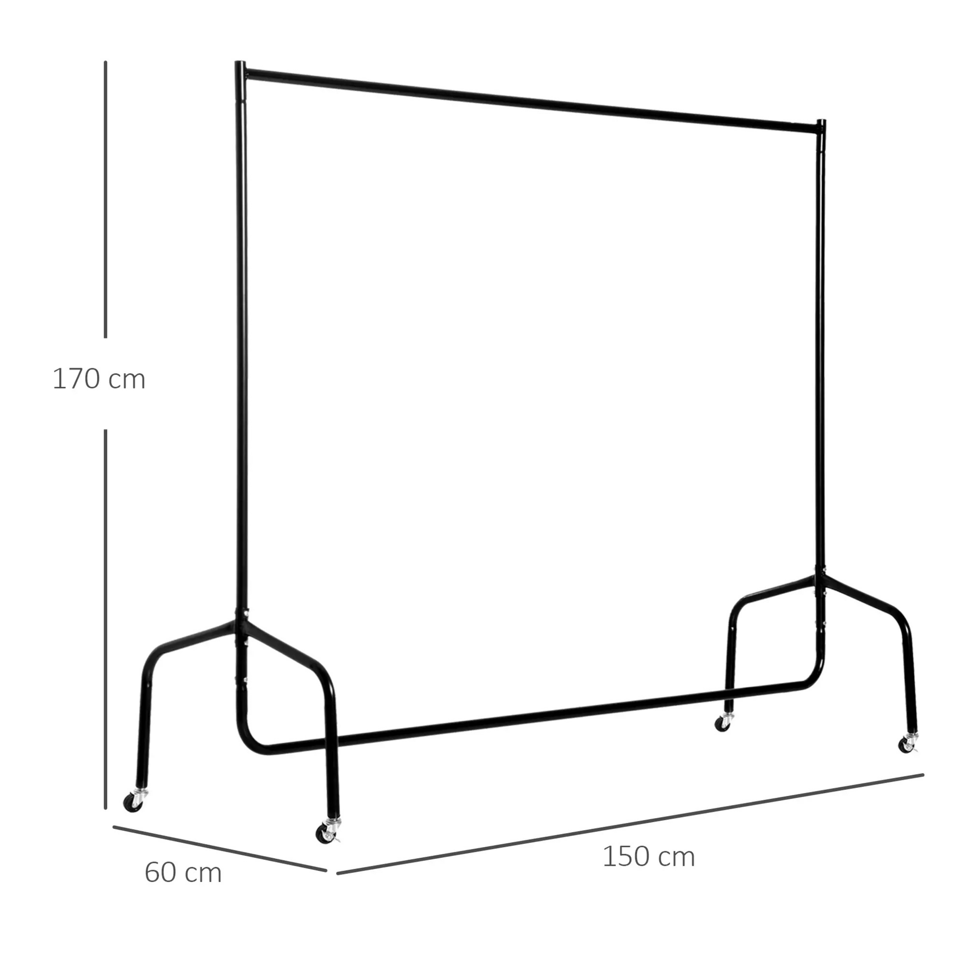 Kledingrek verrijdbaar 150x60x170 cm – garderoberek  van zwart metaal