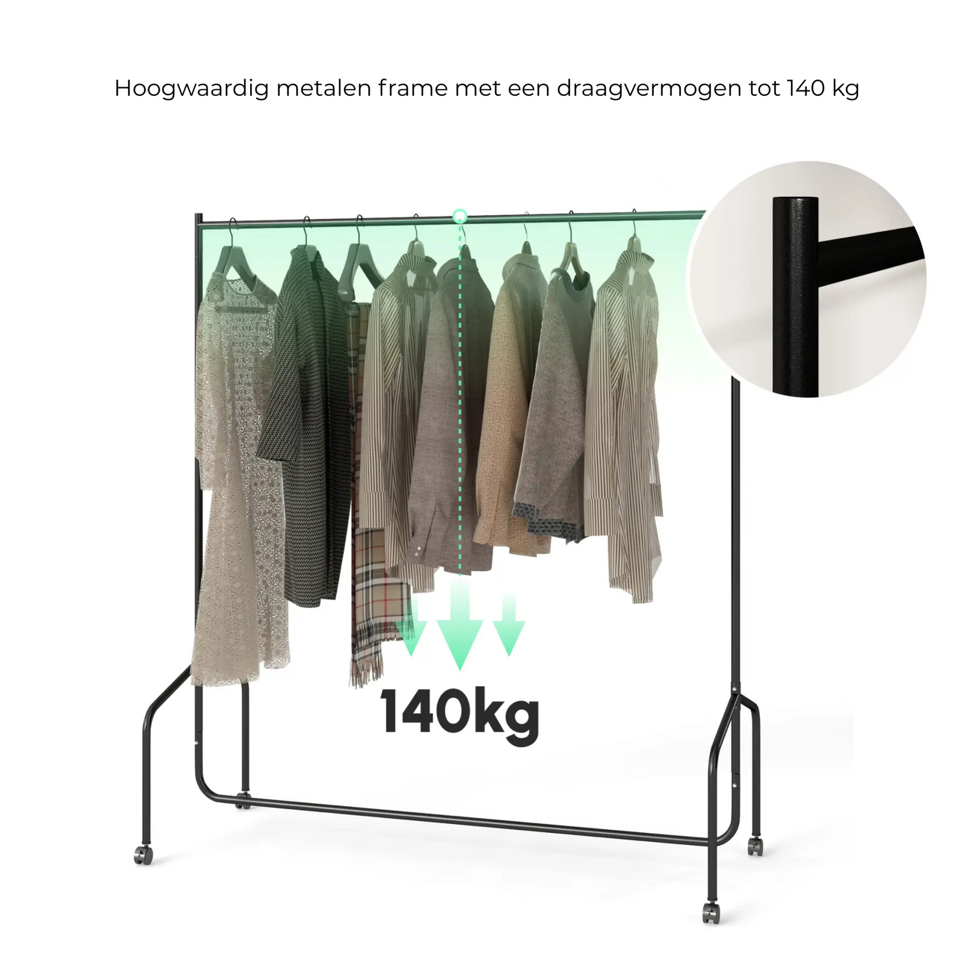 Kledingrek verrijdbaar 150x60x170 cm – garderoberek  van zwart metaal