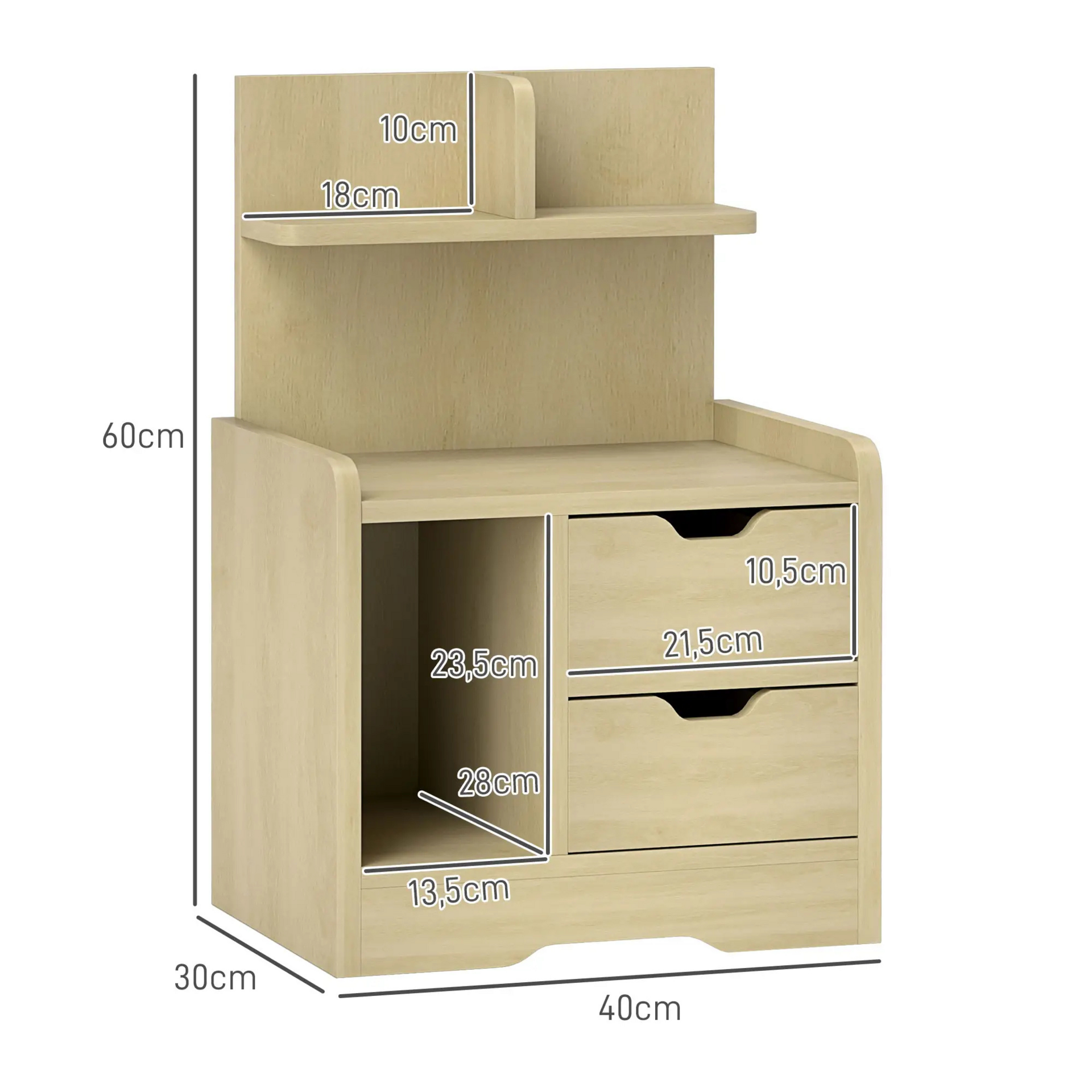 Houtlook nachtkastje 40x30x60 cm – met lades en open opbergvak