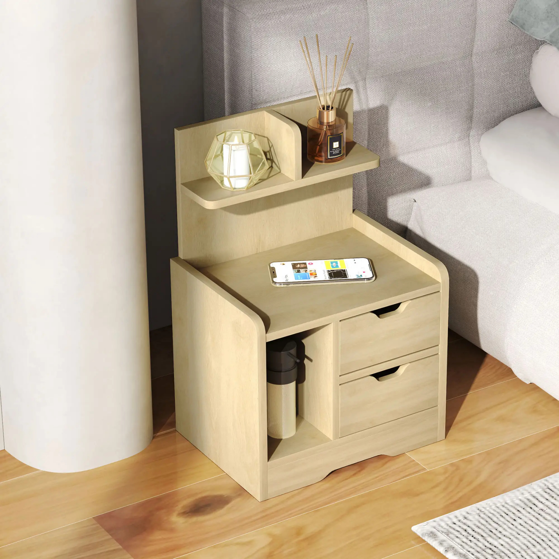 Houtlook nachtkastje 40x30x60 cm – met lades en open opbergvak