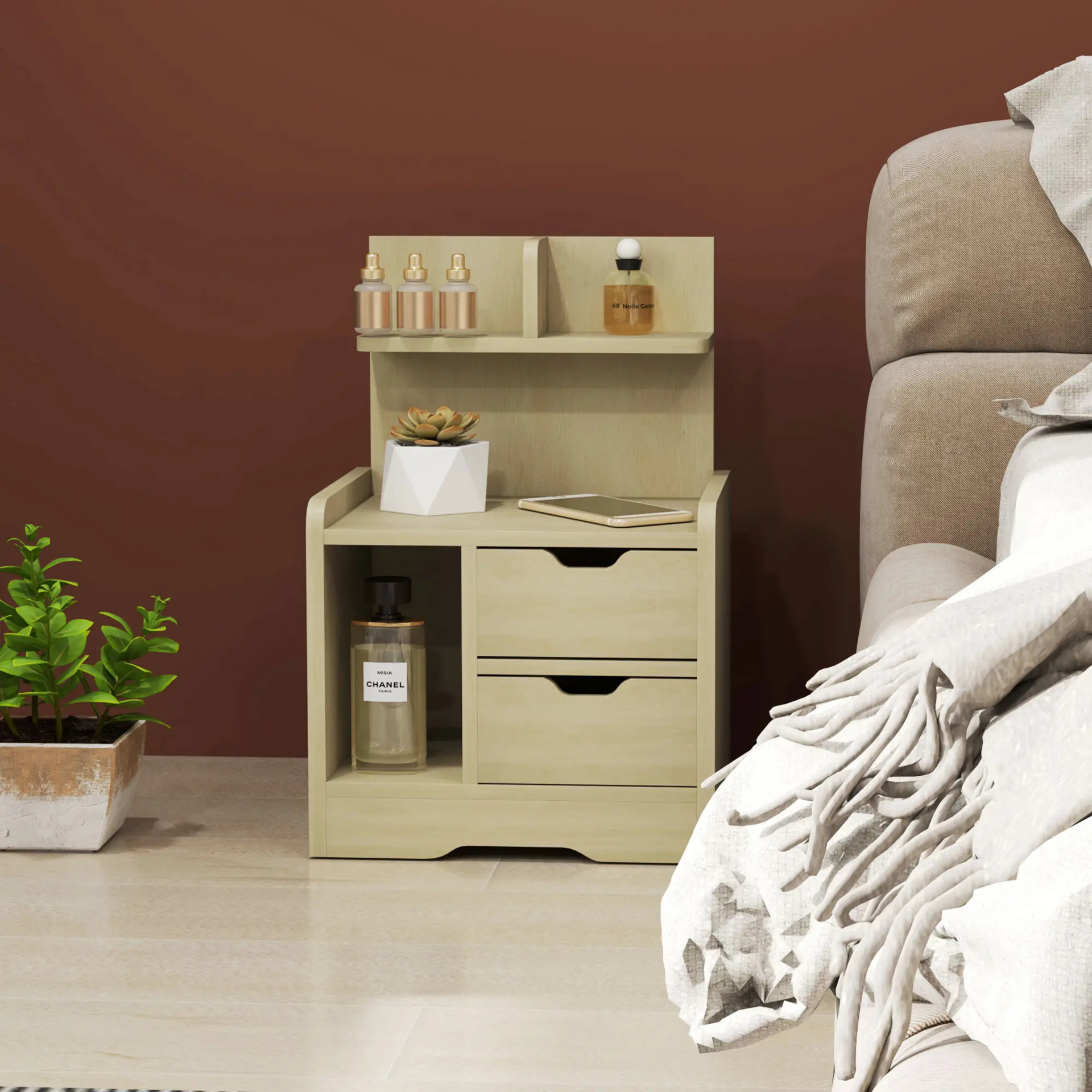 Houtlook nachtkastje 40x30x60 cm – met lades en open opbergvak