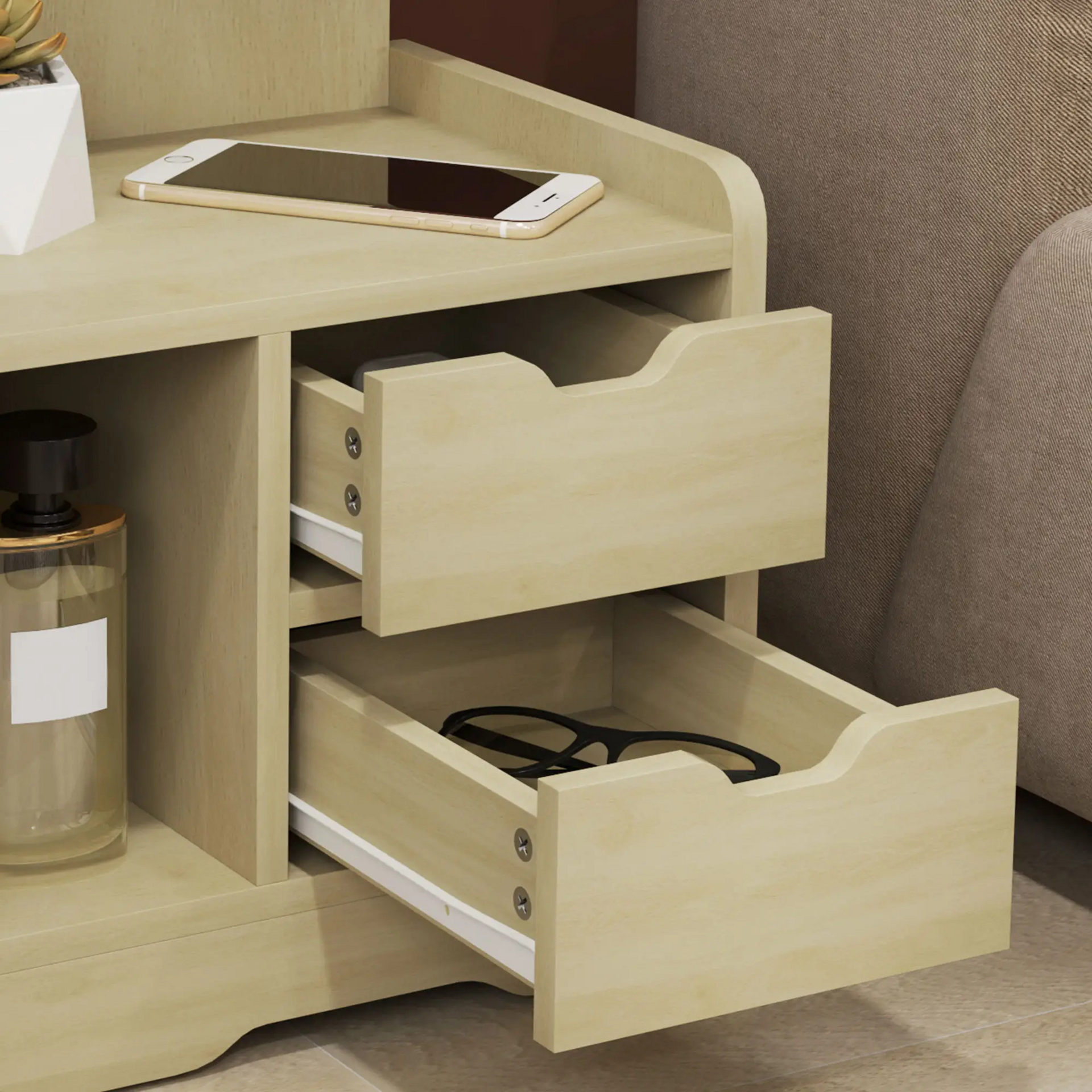Houtlook nachtkastje 40x30x60 cm – met lades en open opbergvak