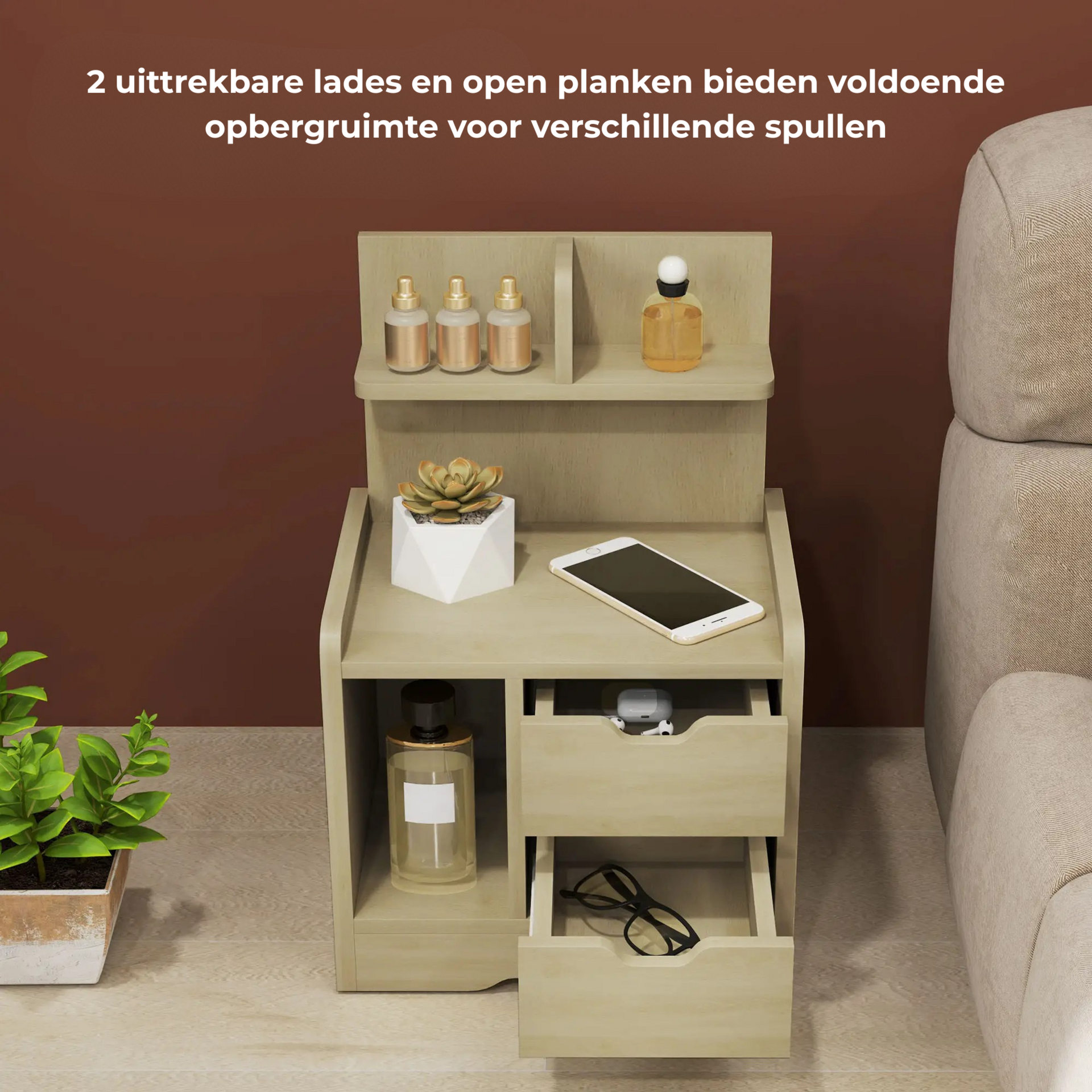 Houtlook nachtkastje 40x30x60 cm – met lades en open opbergvak