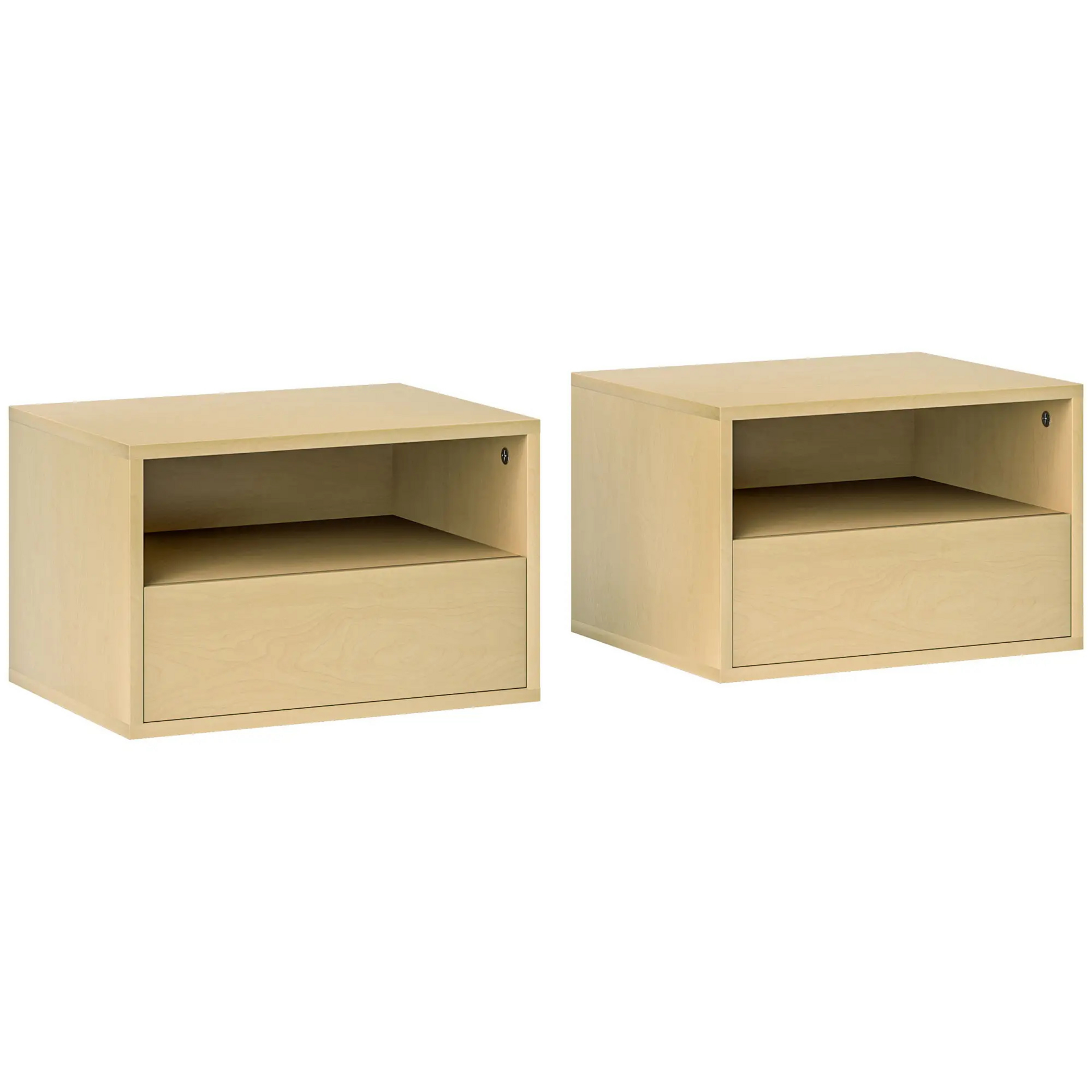 Nachtkastjes set van 2 met lade wandmontage natuur hout