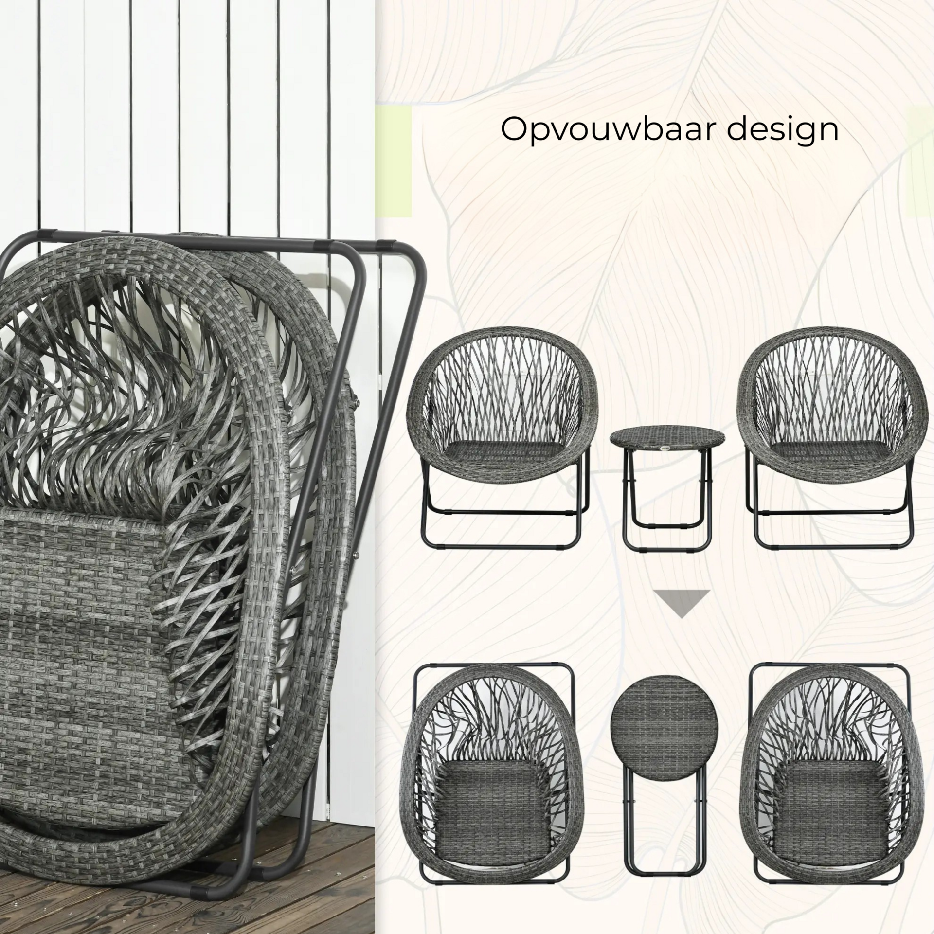 Opvouwbare tuinset 3 delig grijs met tafel en stoelen voor balkon