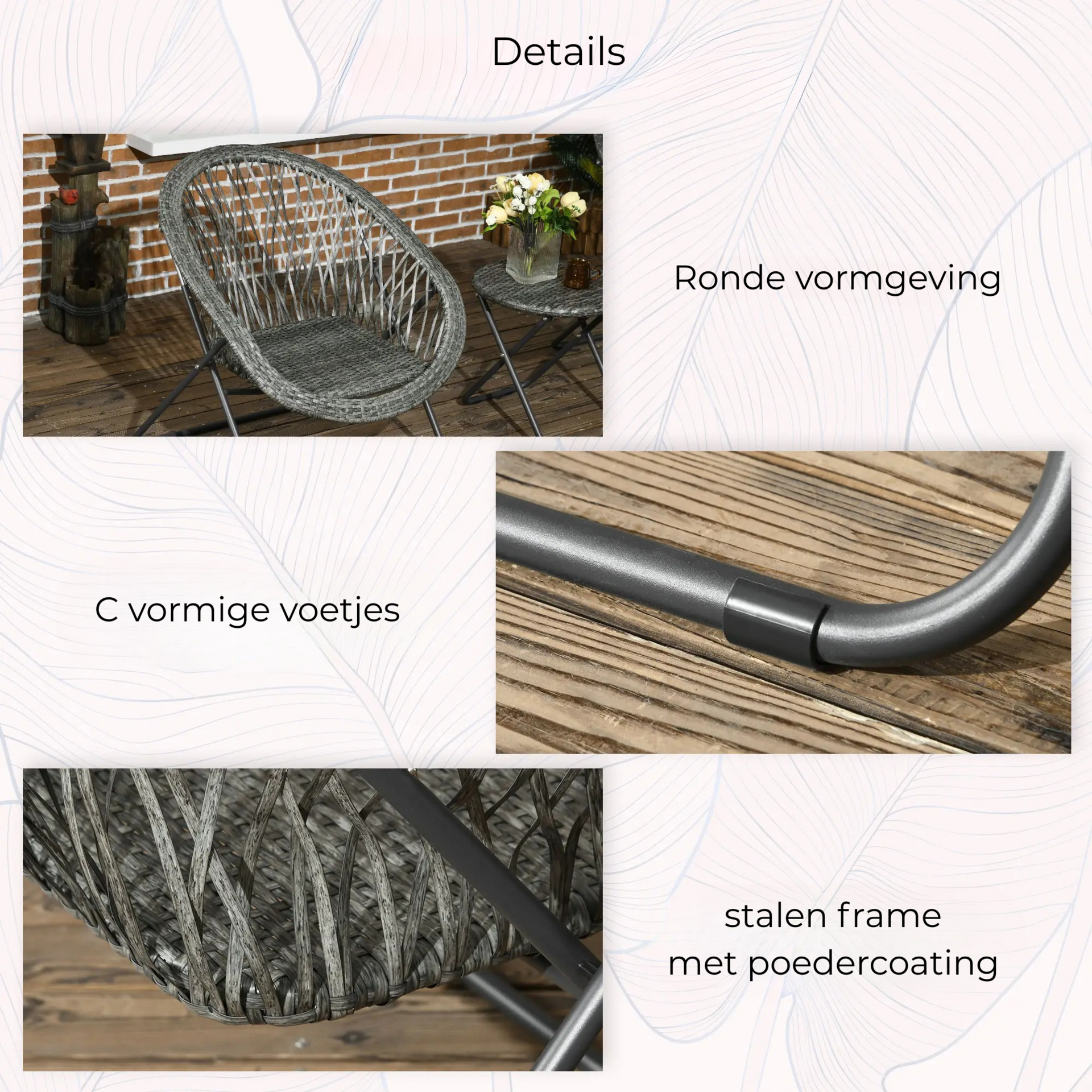 Opvouwbare tuinset 3 delig grijs met tafel en stoelen voor balkon