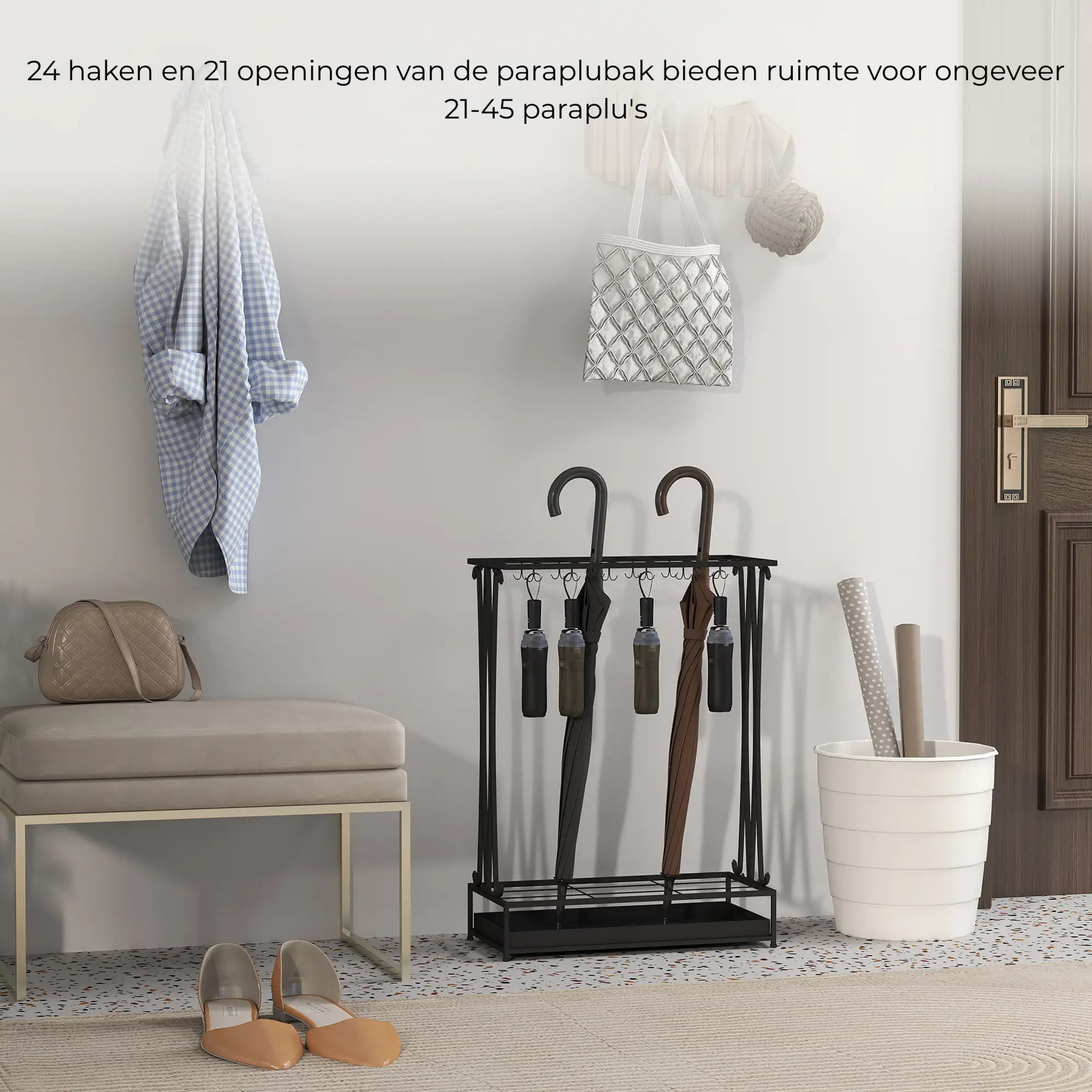Stalen zwarte paraplubak met verwijderbare lekbak voor entree en hal