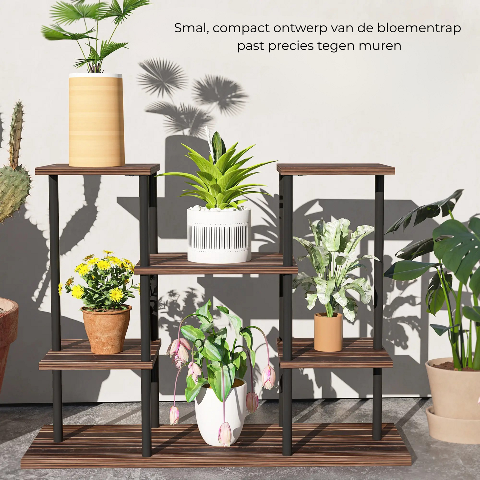 Plantenrek van hout voor kamerplanten en bloempotten binnen en buiten