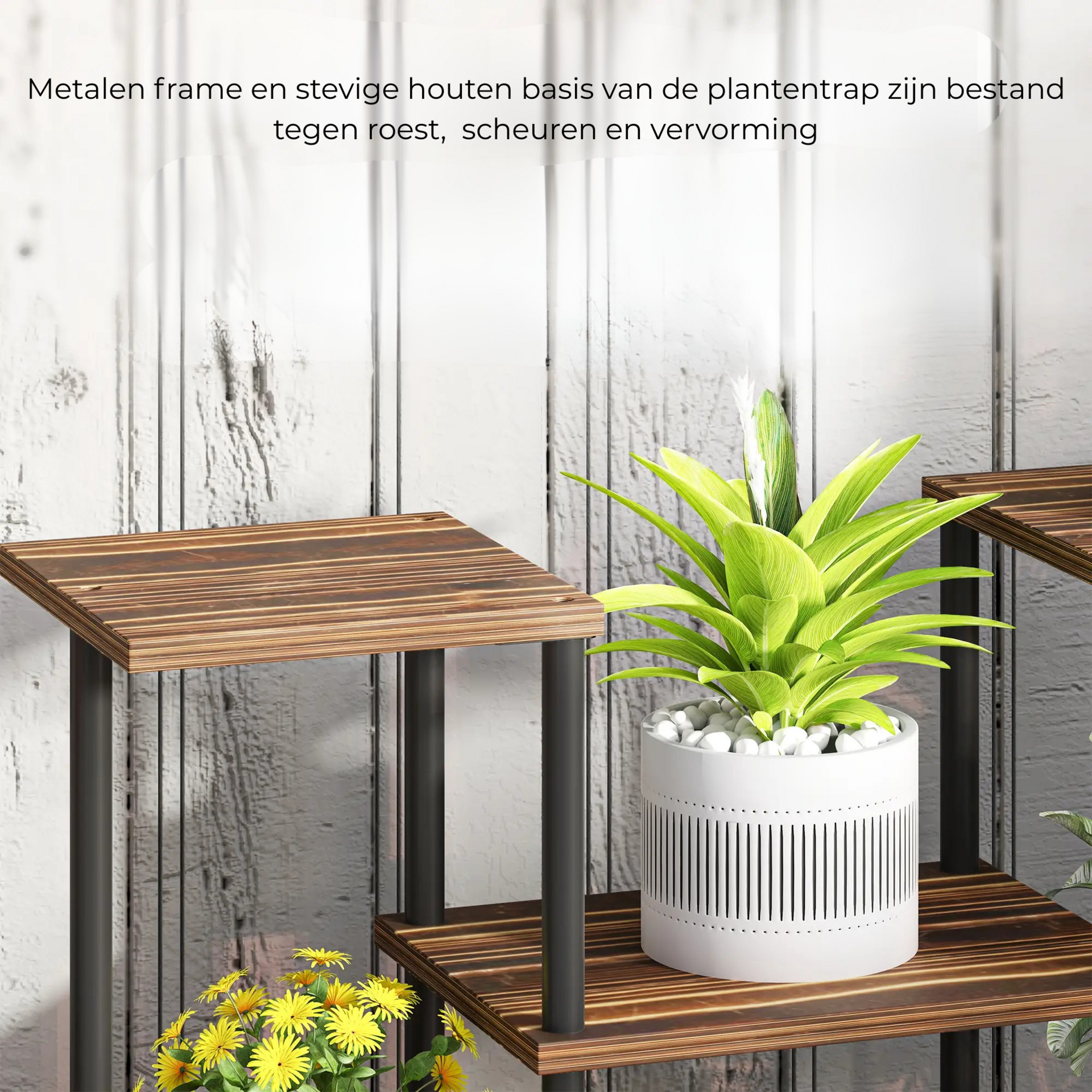 Plantenrek van hout voor kamerplanten en bloempotten binnen en buiten