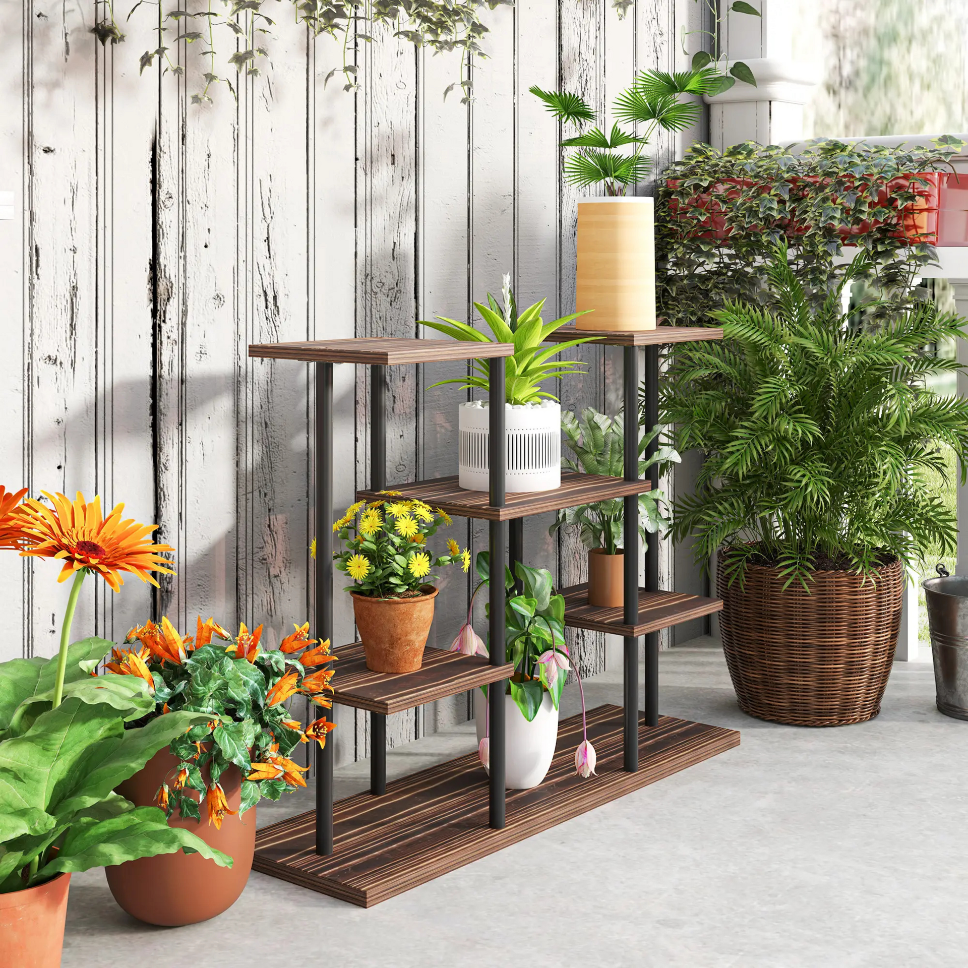Plantenrek van hout voor kamerplanten en bloempotten binnen en buiten