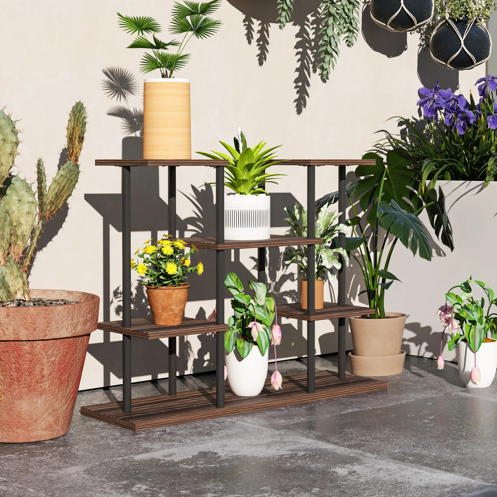 Plantenrek van hout voor kamerplanten en bloempotten binnen en buiten