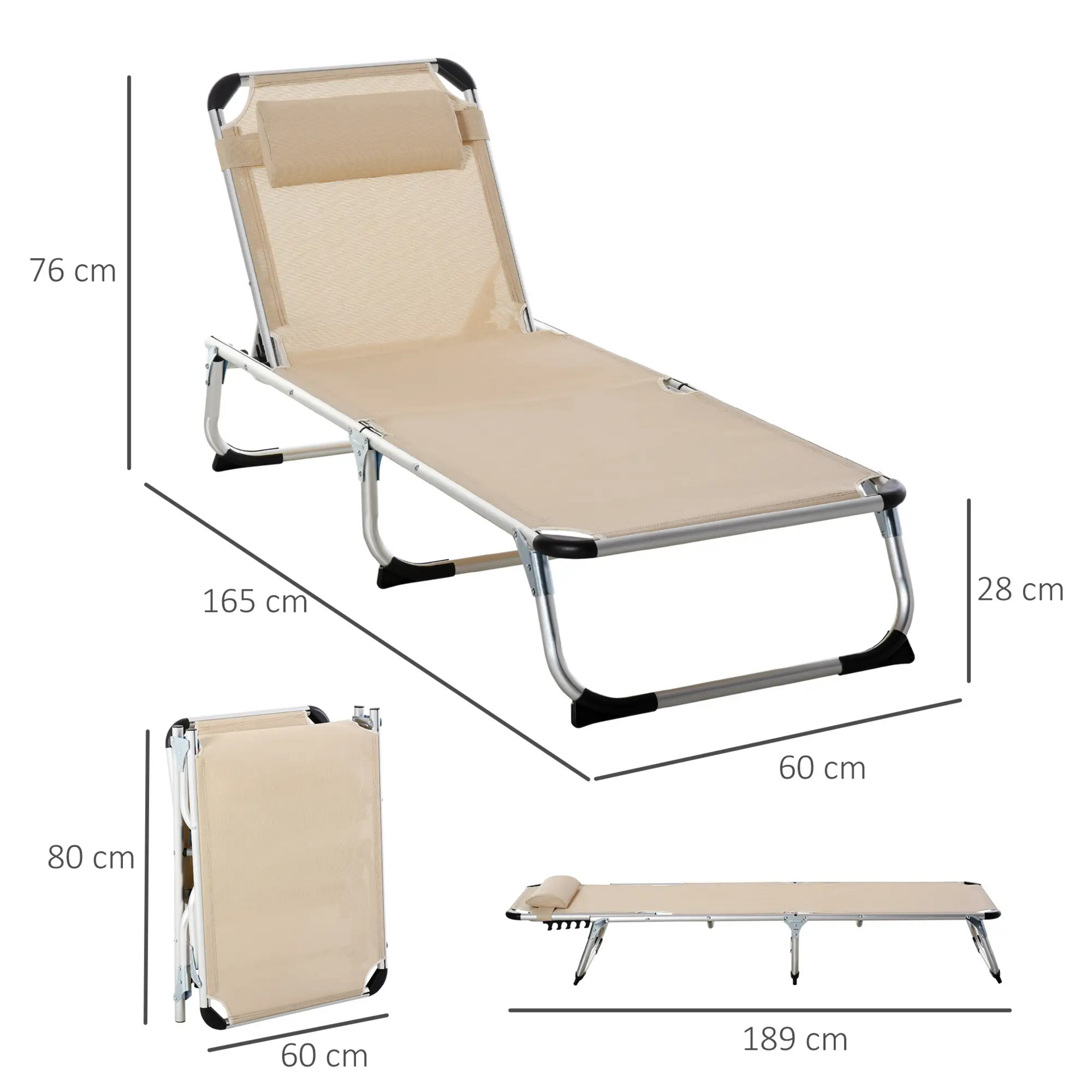 Opvouwbaar ligbed beige zonnebed en relaxstoel voor tuin en strand