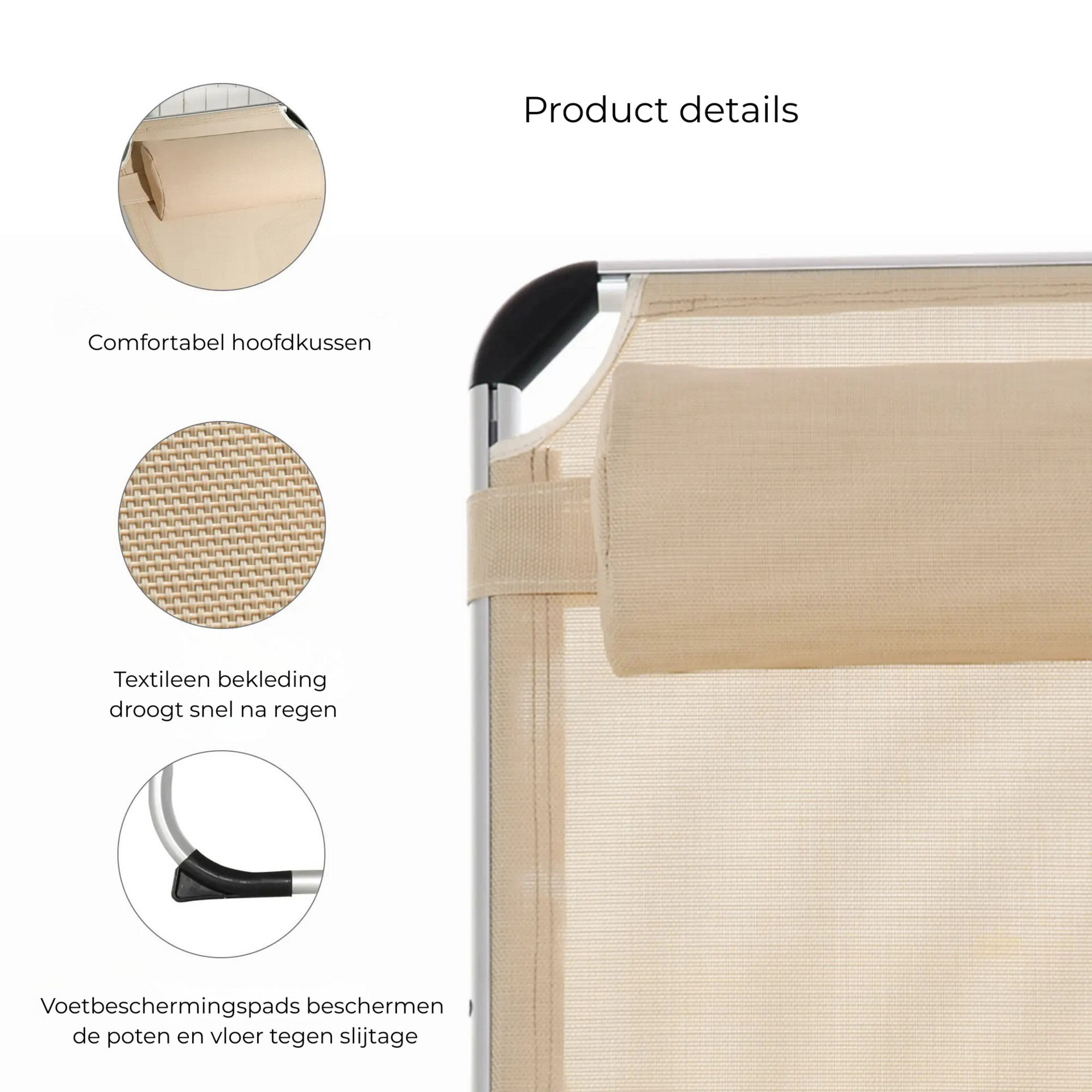 Opvouwbaar ligbed beige zonnebed en relaxstoel voor tuin en strand
