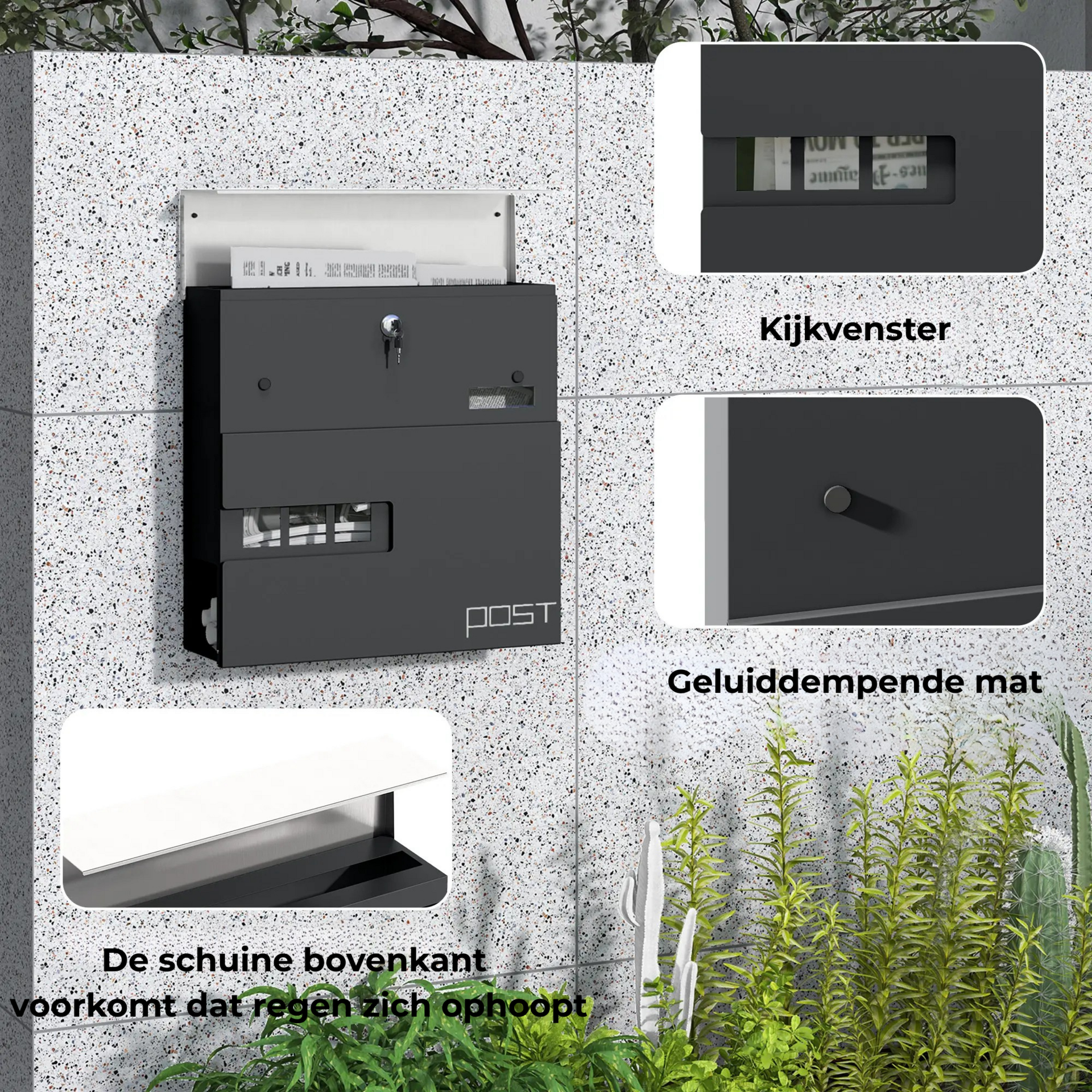 Wandbrievenbus grijs met kijkvenster en slot duurzaam staal buiten