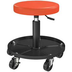 Zadelkruk met wielen ergonomisch verstelbaar werkplaatskruk 135kg met oranje zitting en zwarte onderstelrolletjes