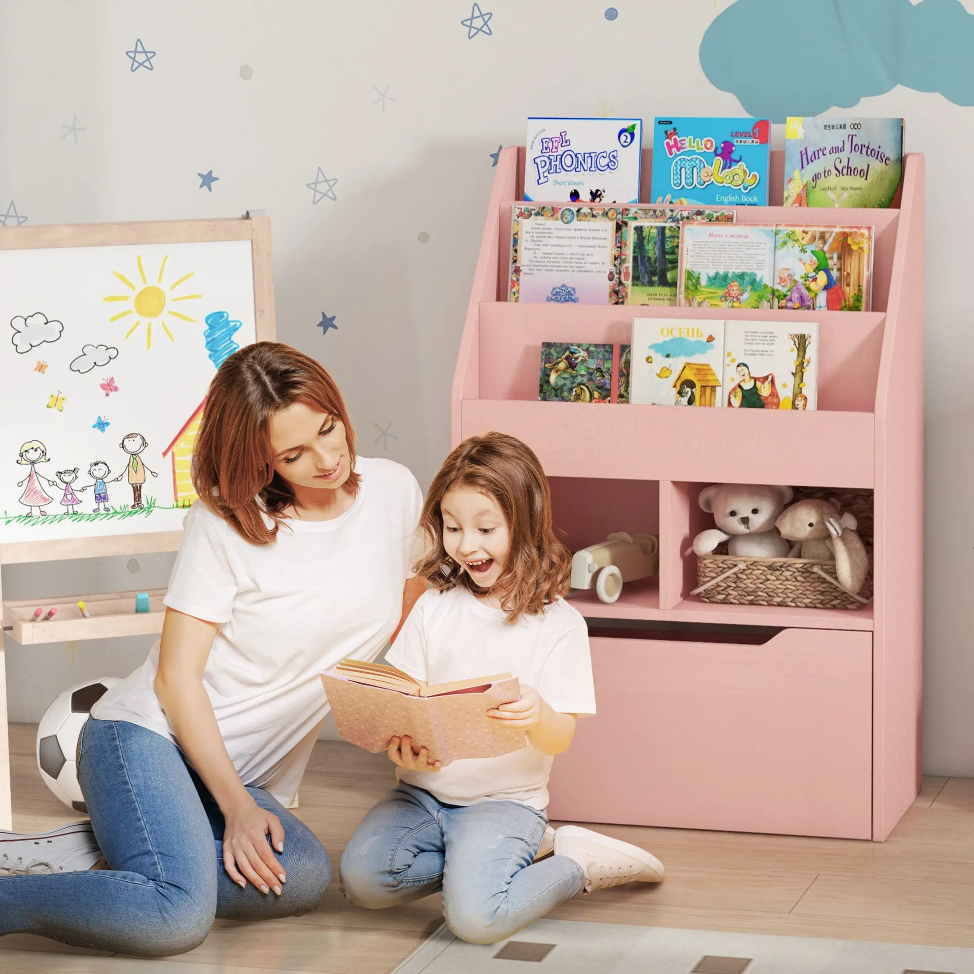 Roze boekenkast met opbergkist 60x30x90 cm voor kinderkamer