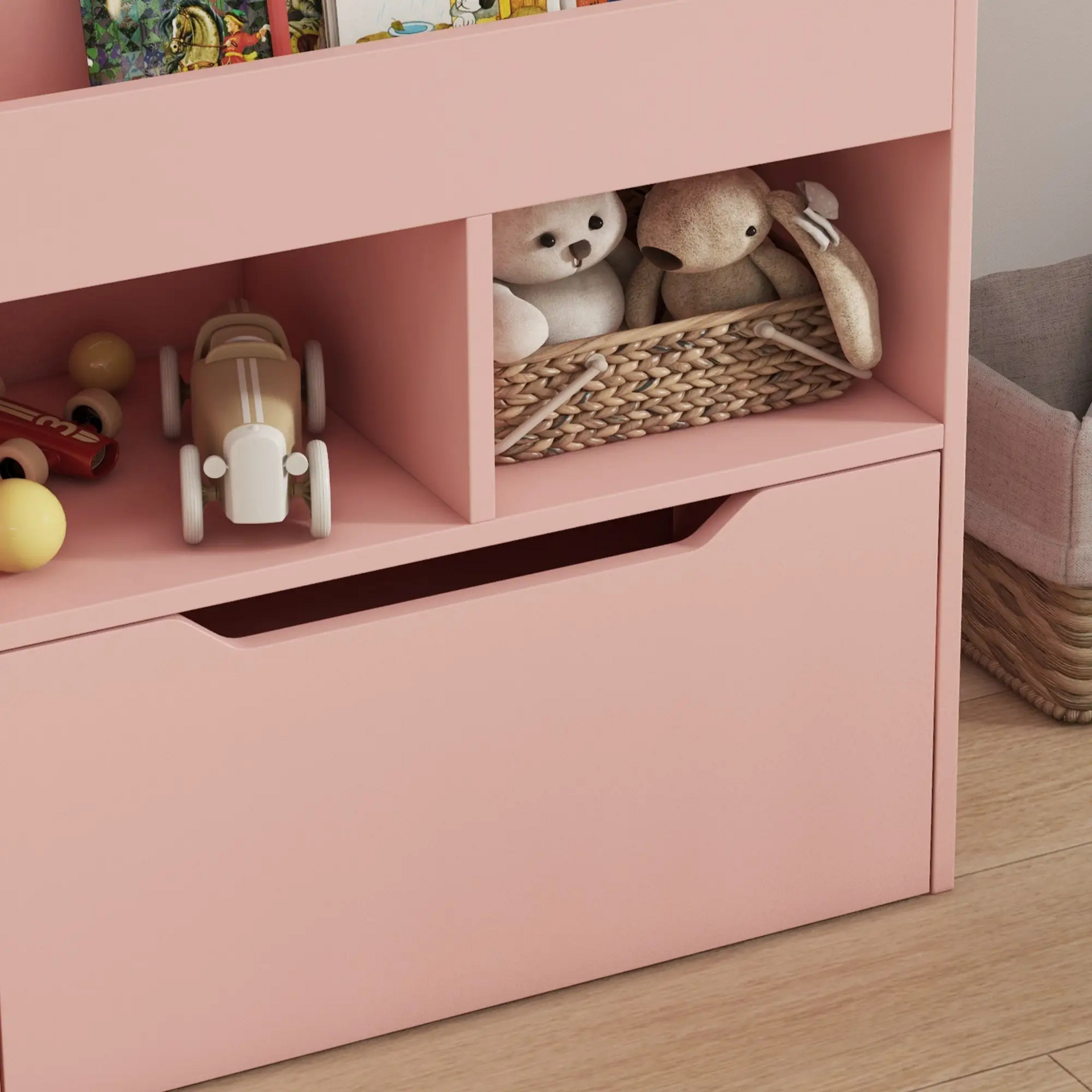 Roze boekenkast met opbergkist 60x30x90 cm voor kinderkamer