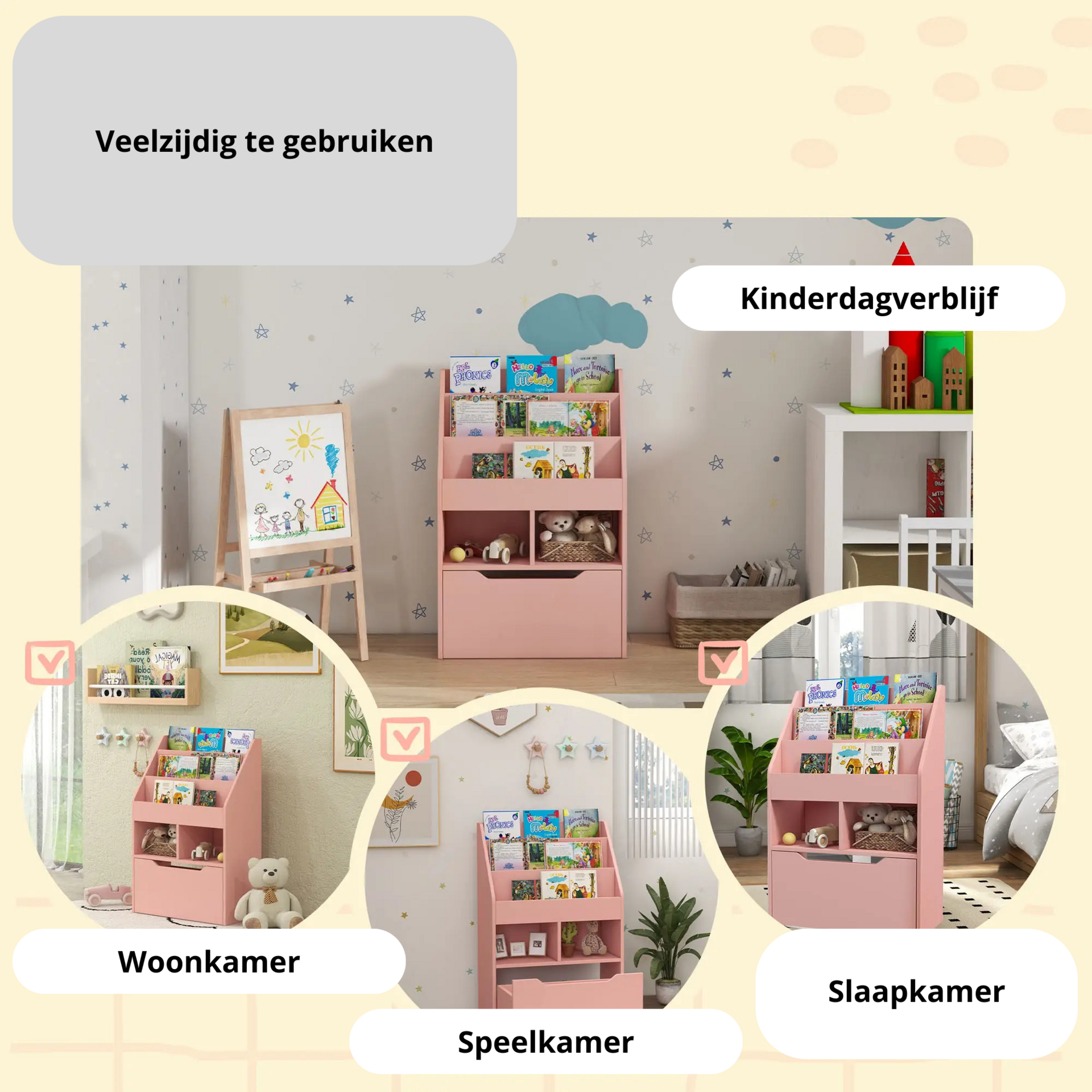 Roze boekenkast met opbergkist 60x30x90 cm voor kinderkamer