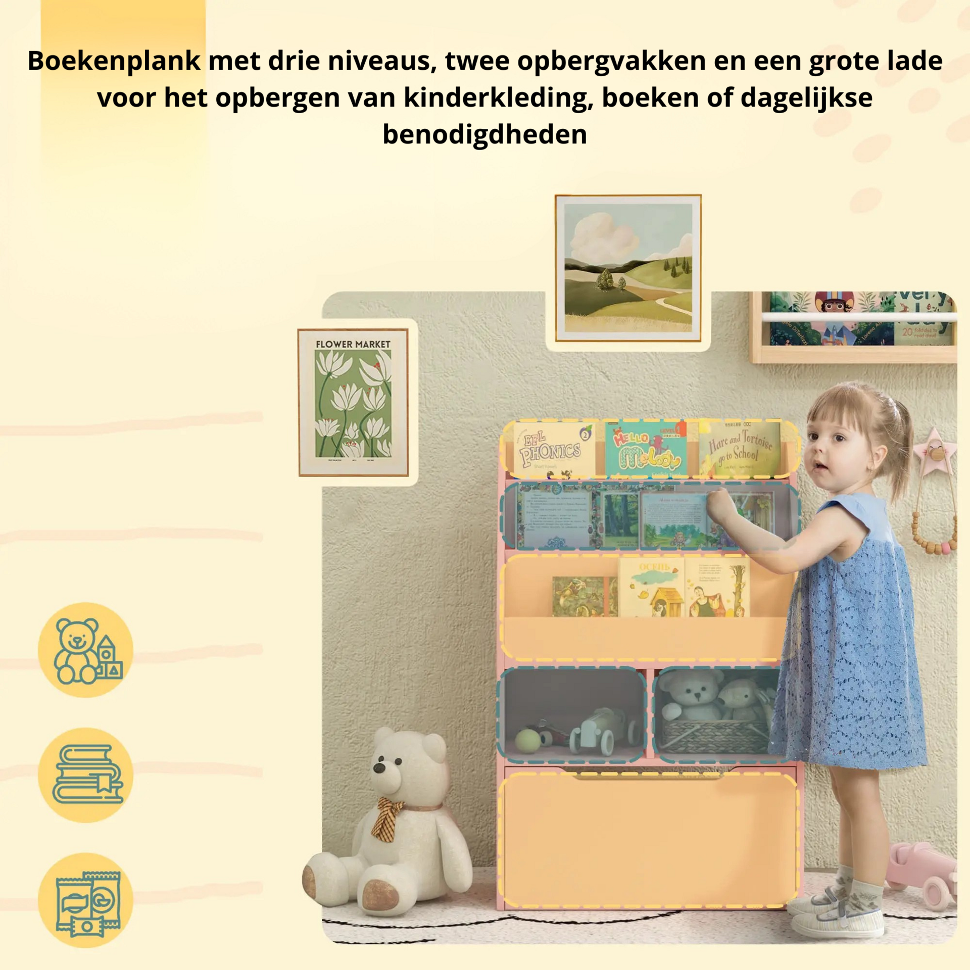 Roze boekenkast met opbergkist 60x30x90 cm voor kinderkamer