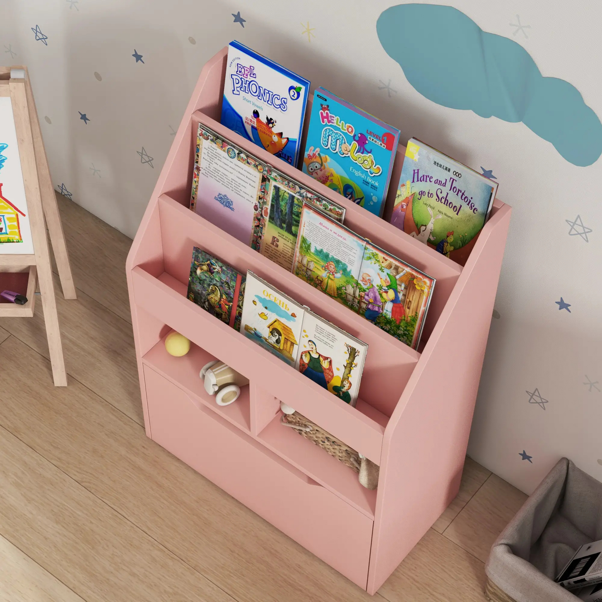 Roze boekenkast met opbergkist 60x30x90 cm voor kinderkamer