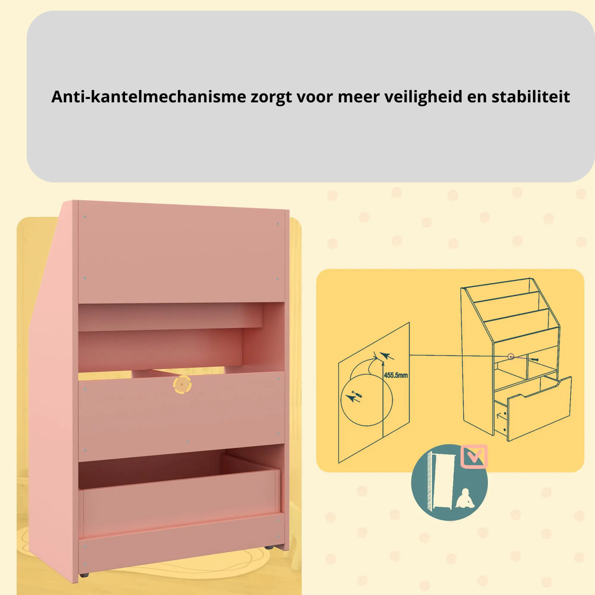 Roze boekenkast met opbergkist 60x30x90 cm voor kinderkamer