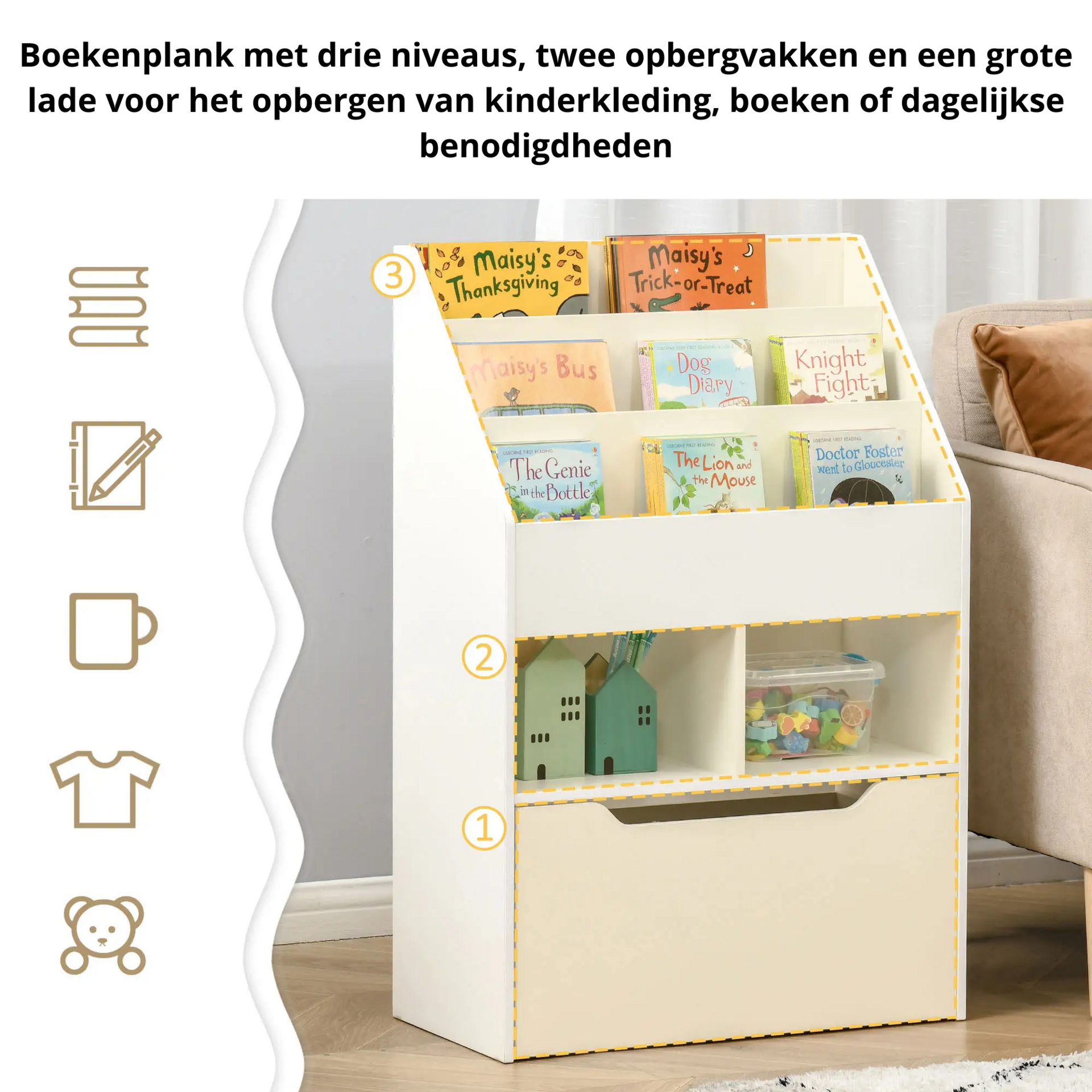 Boekenkast kinderkamer wit met opbergkist 60x30x90 cm praktisch en stijlvol