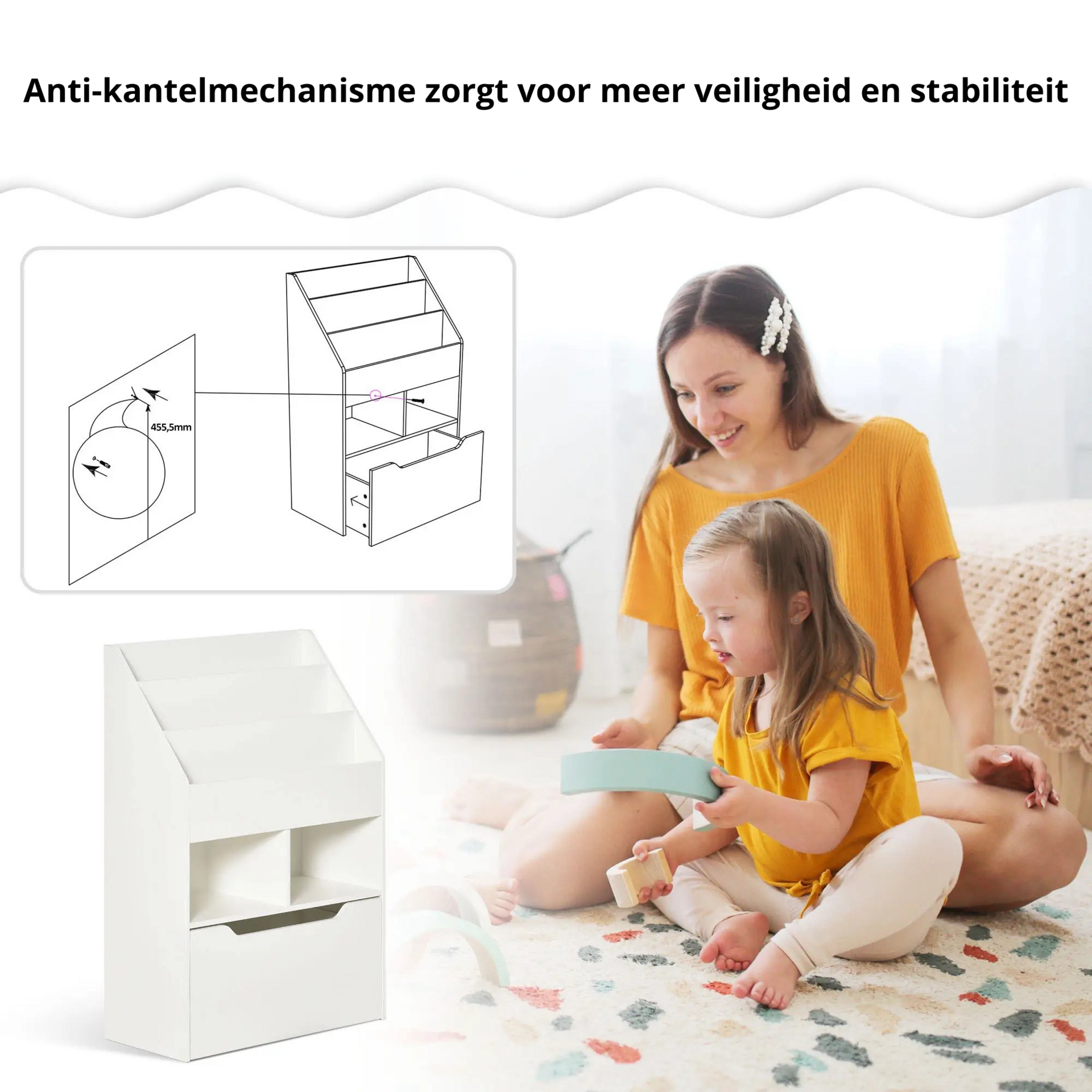 Boekenkast kinderkamer wit met opbergkist 60x30x90 cm praktisch en stijlvol
