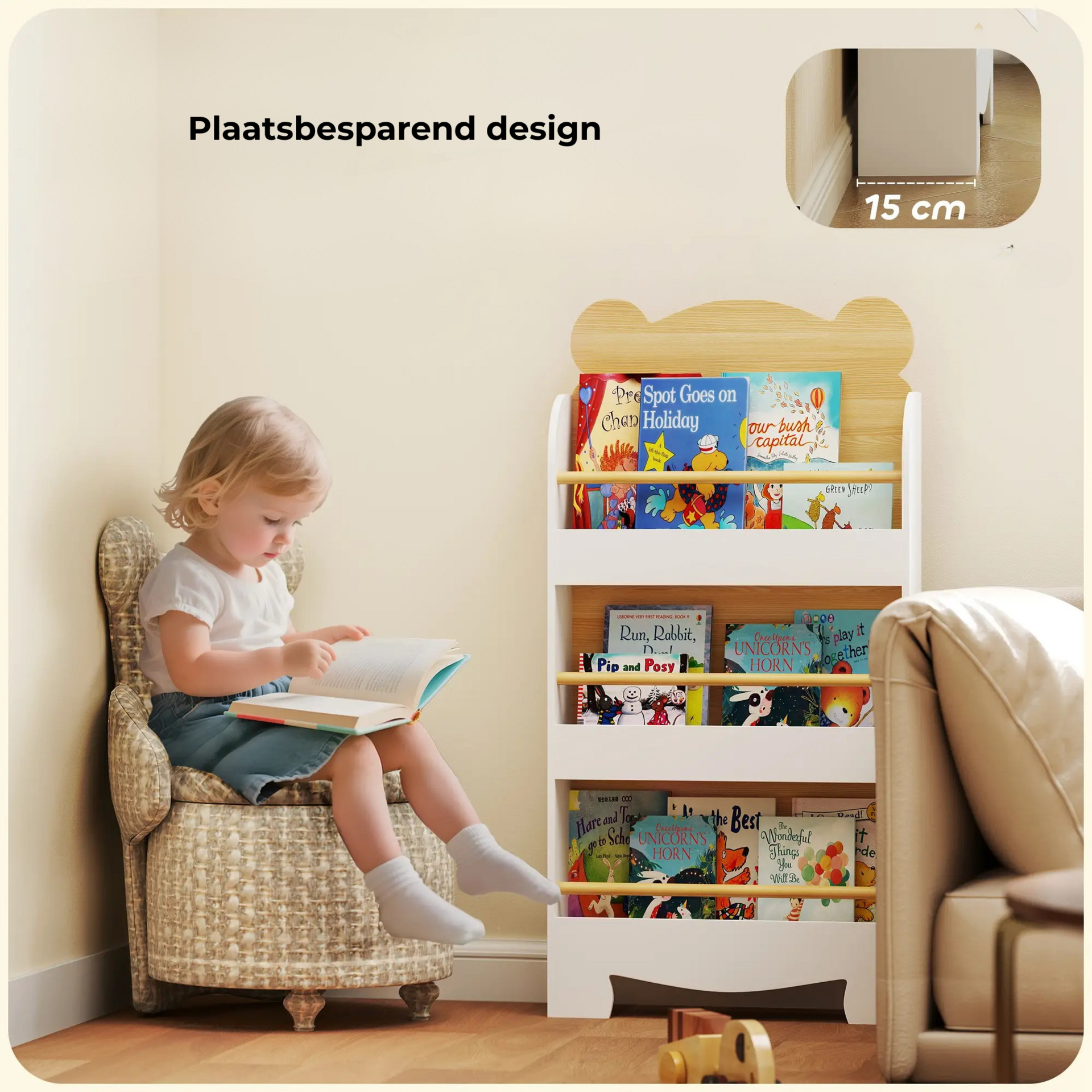 Witte boekenkast kinderkamer met opbergvakken 55x15x110cm