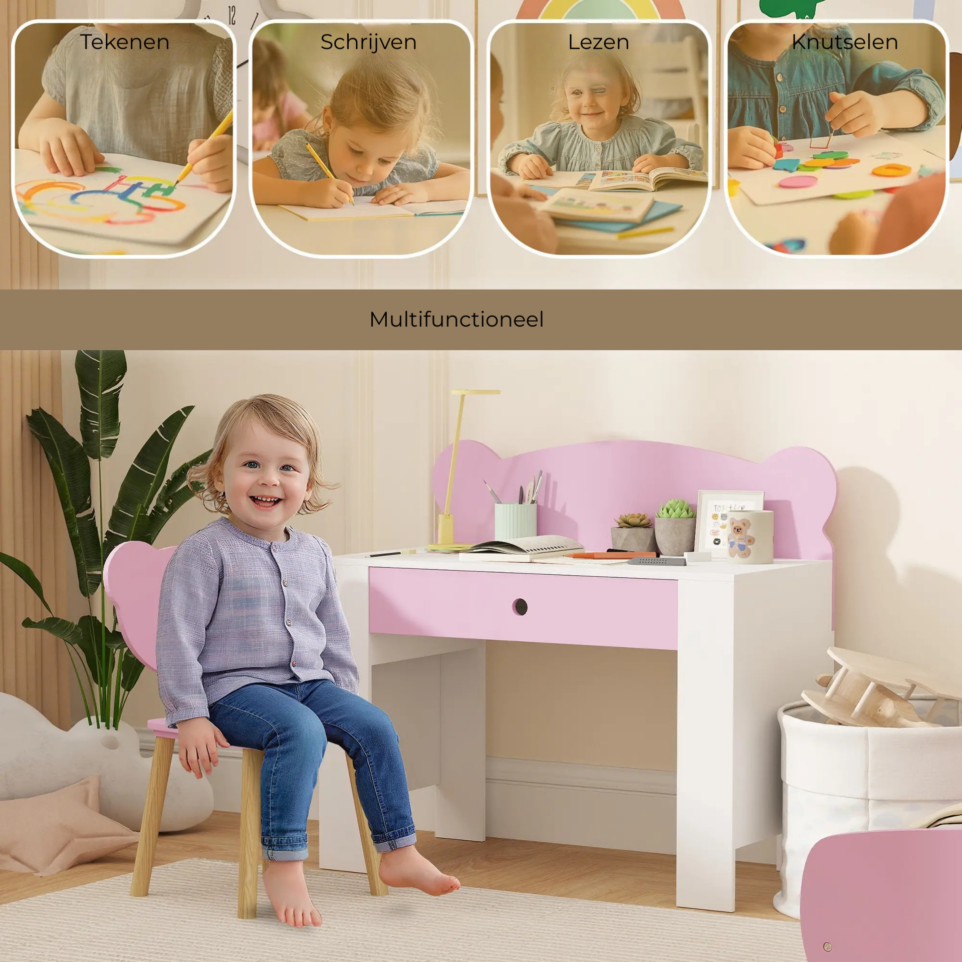 Kinder bureauset roze met bureau en stoel ideaal voor knutselen 3-8 jaar