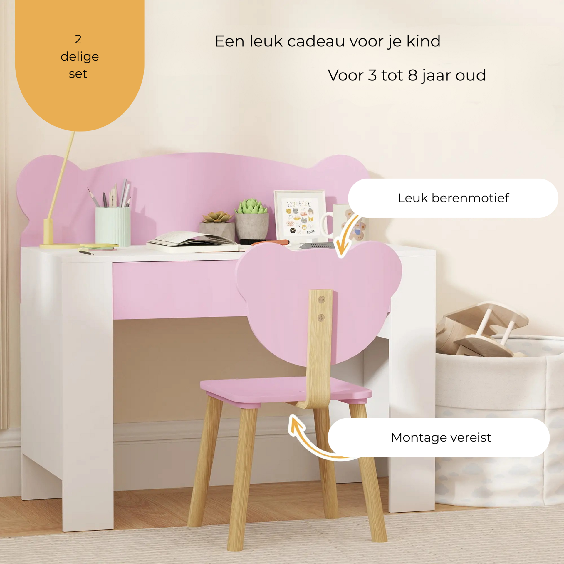 Kinder bureauset roze met bureau en stoel ideaal voor knutselen 3-8 jaar