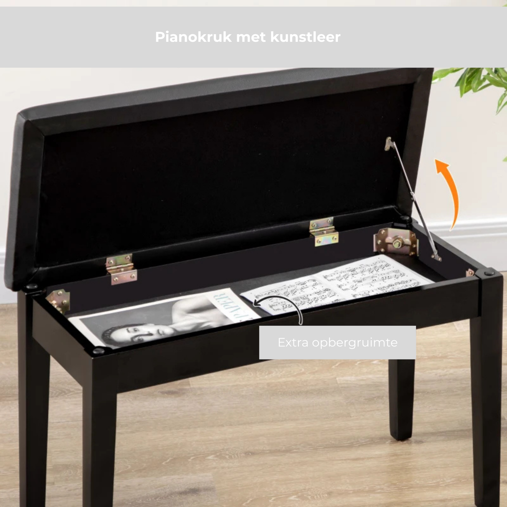 Zwarte pianokruk met opbergruimte en modern stijlvol design