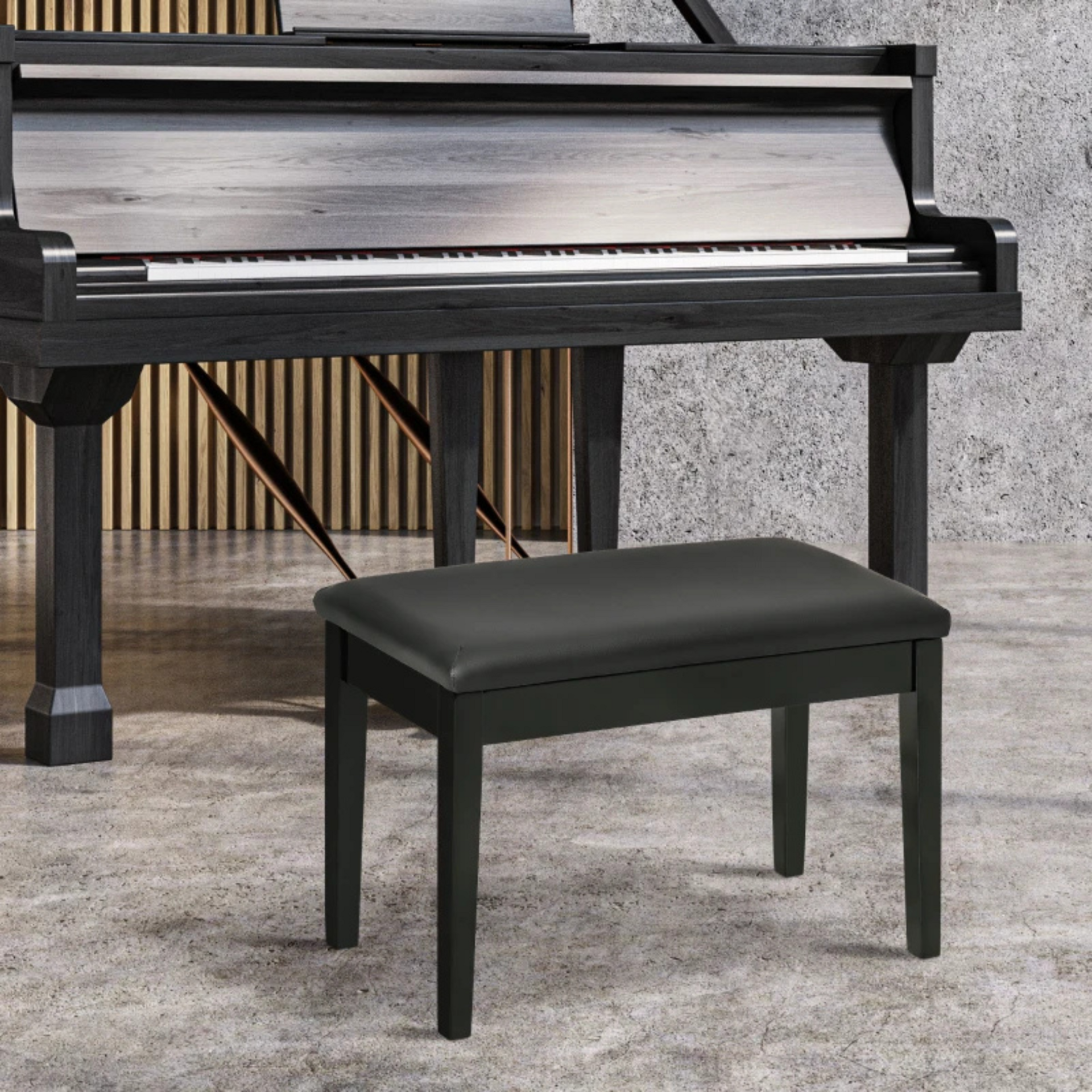 Zwarte pianokruk met opbergruimte en modern stijlvol design