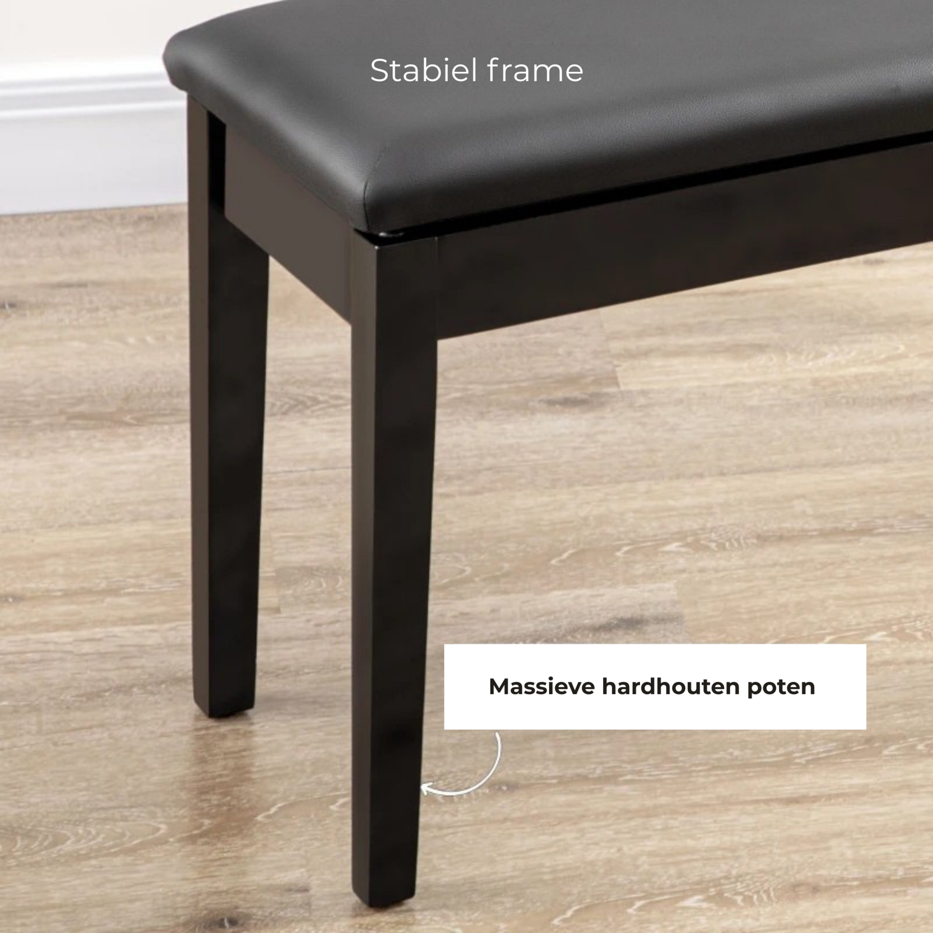 Zwarte pianokruk met opbergruimte en modern stijlvol design
