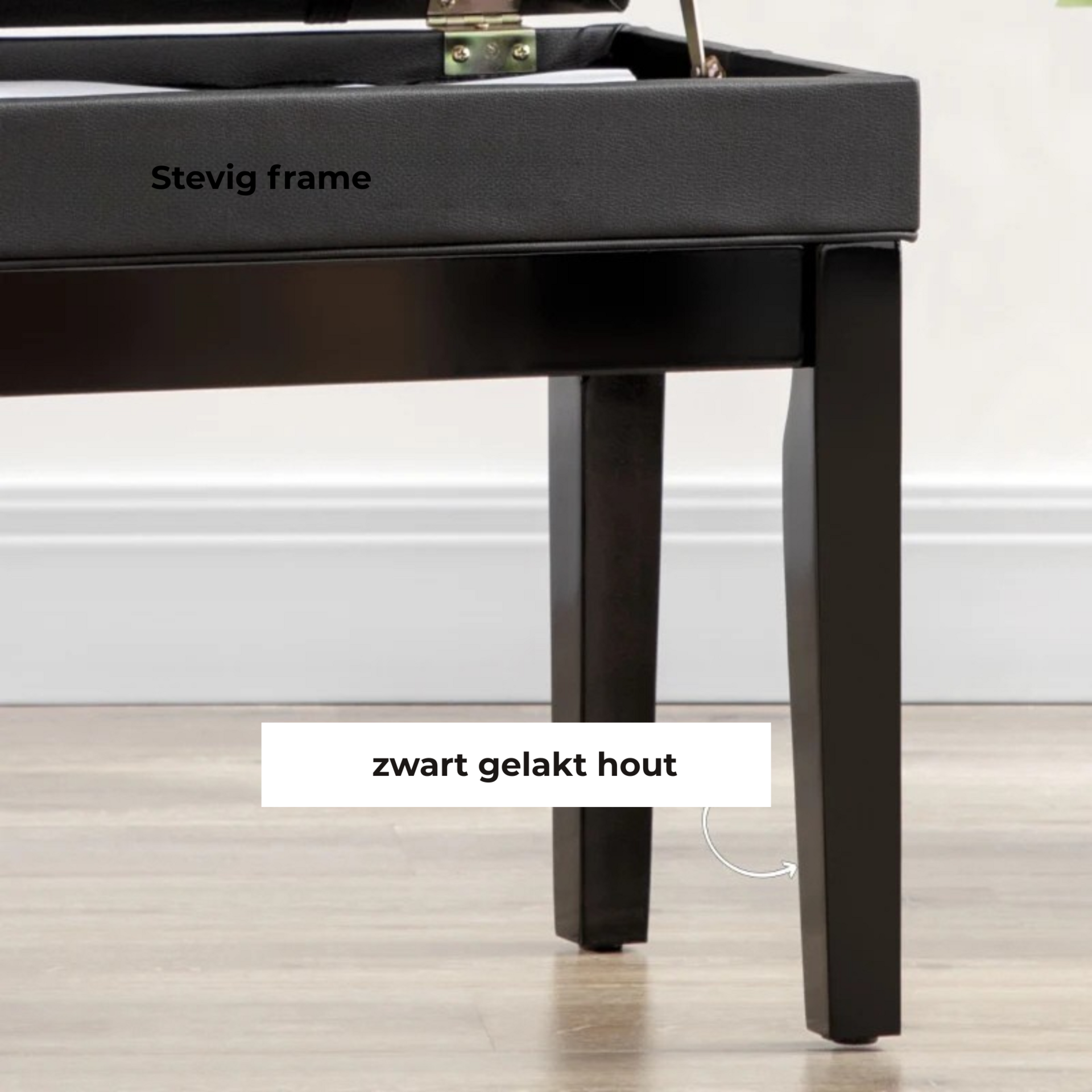 Zwarte pianokruk verstelbaar met opbergruimte en comfortabel design