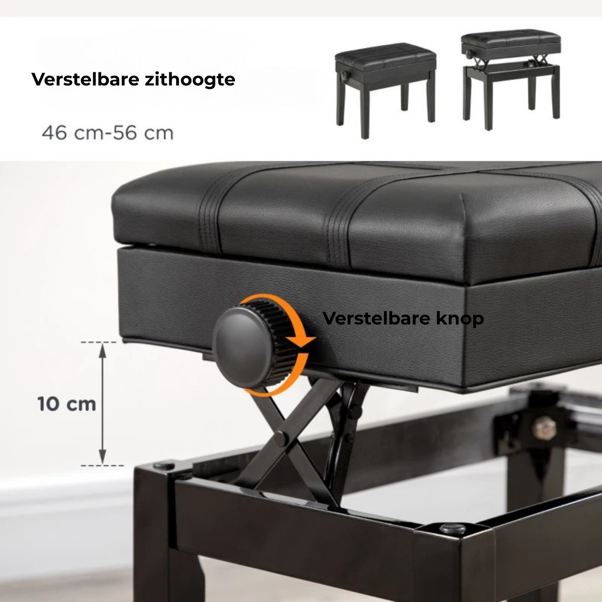 Zwarte pianokruk verstelbaar met opbergruimte en comfortabel design