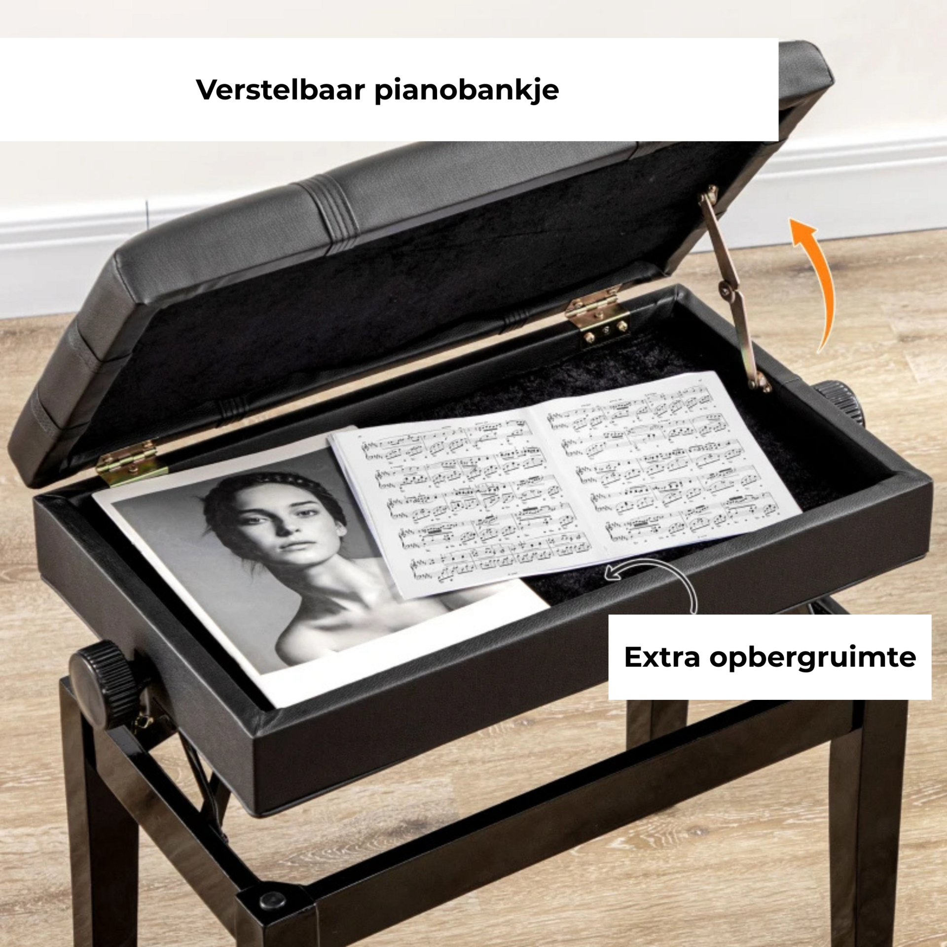 Zwarte pianokruk verstelbaar met opbergruimte en comfortabel design