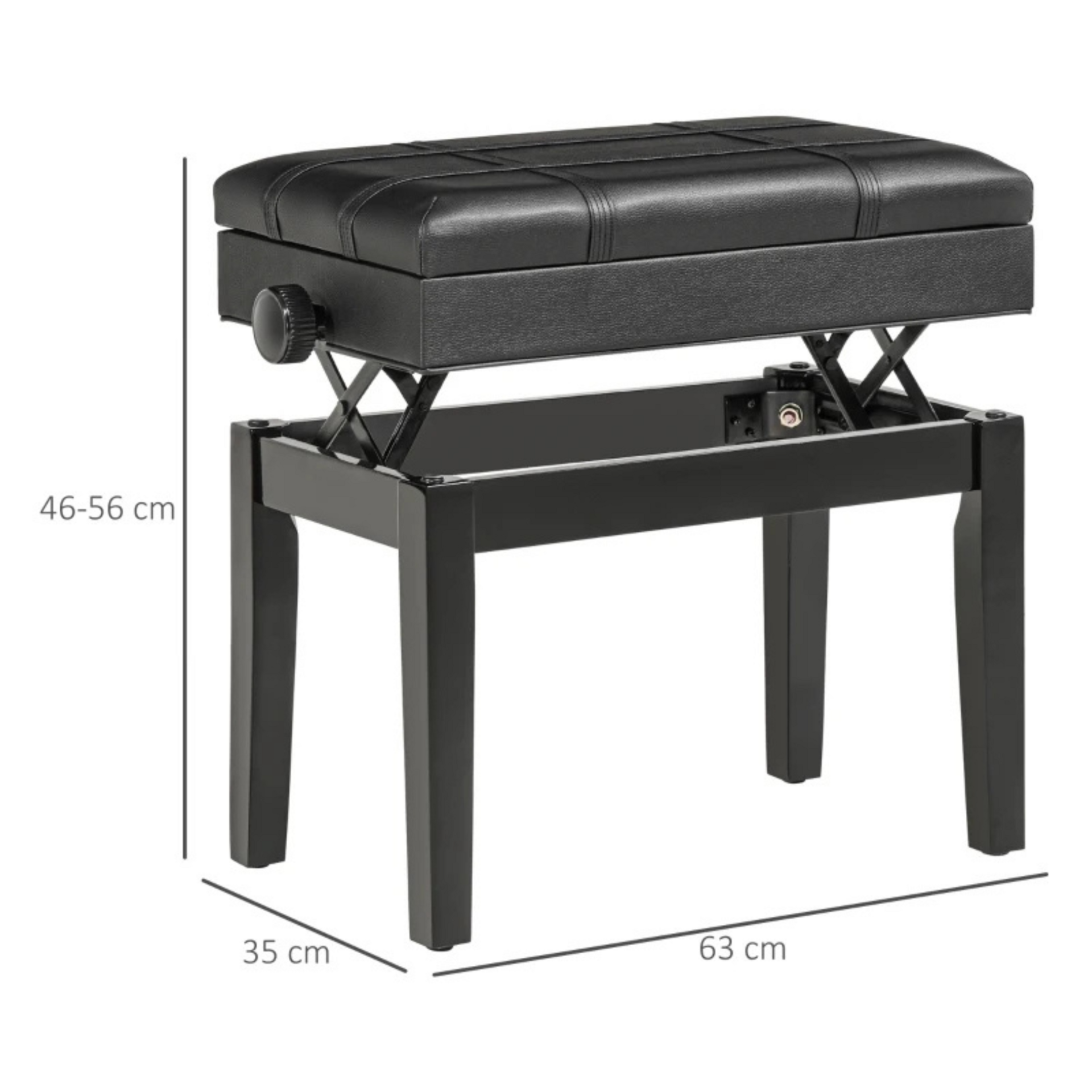 Zwarte pianokruk verstelbaar met opbergruimte en comfortabel design
