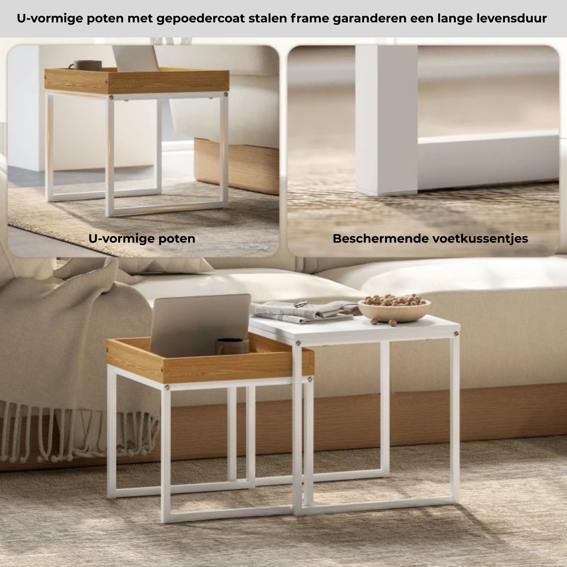 Witte salontafel set van 2 vierkante bijzettafels in modern metaal